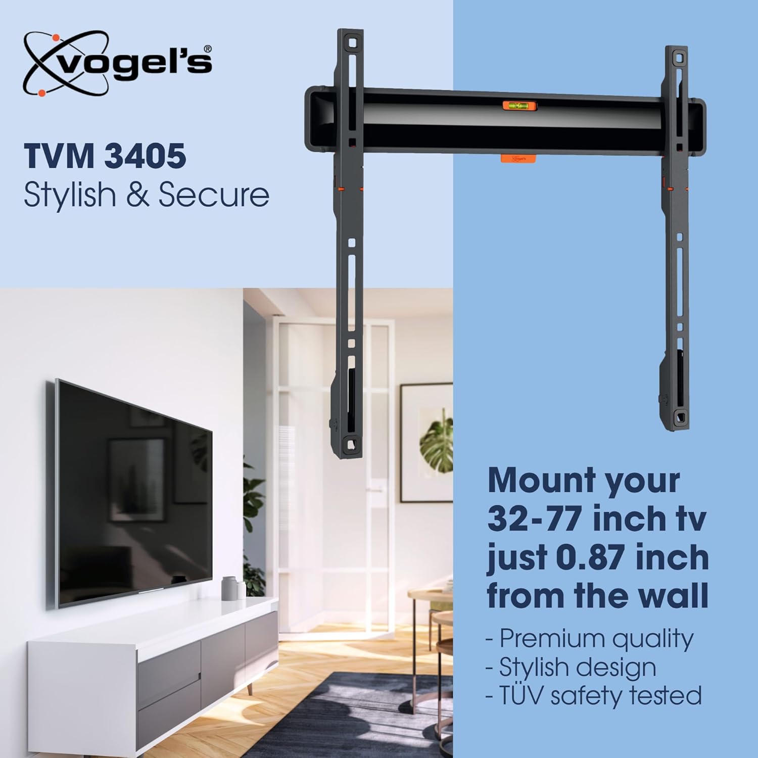 Vogel's TVM 3405 Fixed TV wall Bracket for 32-77 inch TVs, Max. 110 lbs (50 kg), Flat TV wall Mount max. VESA 400x400, Universal Compatibility, Distance to the wall just 0.87 inch