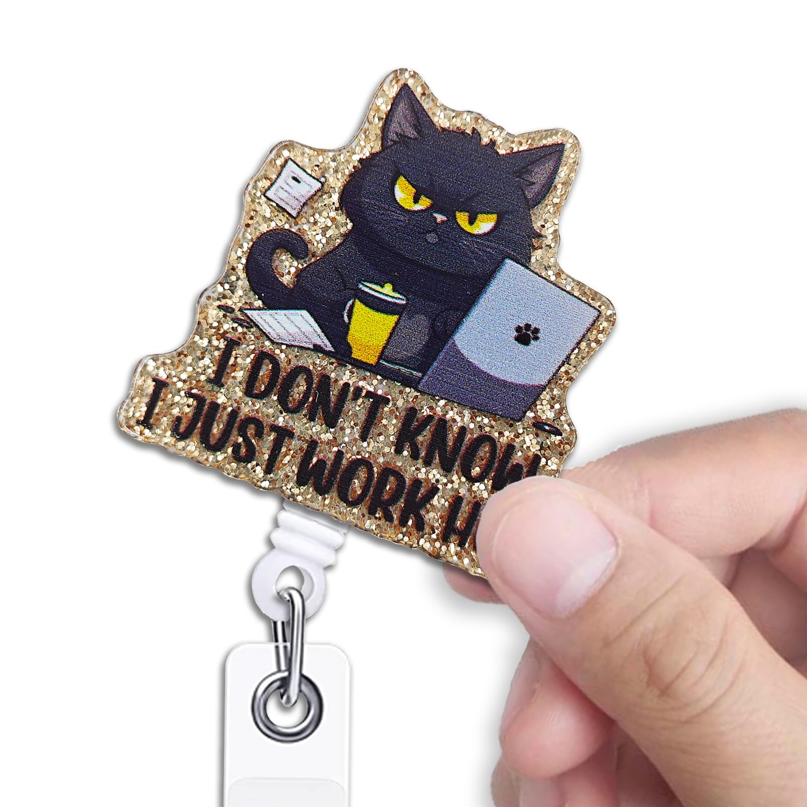 KANGYUSO Funny Black Cat Retractable Badge Reel, I Don't Know I Just Work Here Light Gold Glitter Badge Reel with Alligator Clip, Funny ID Badge