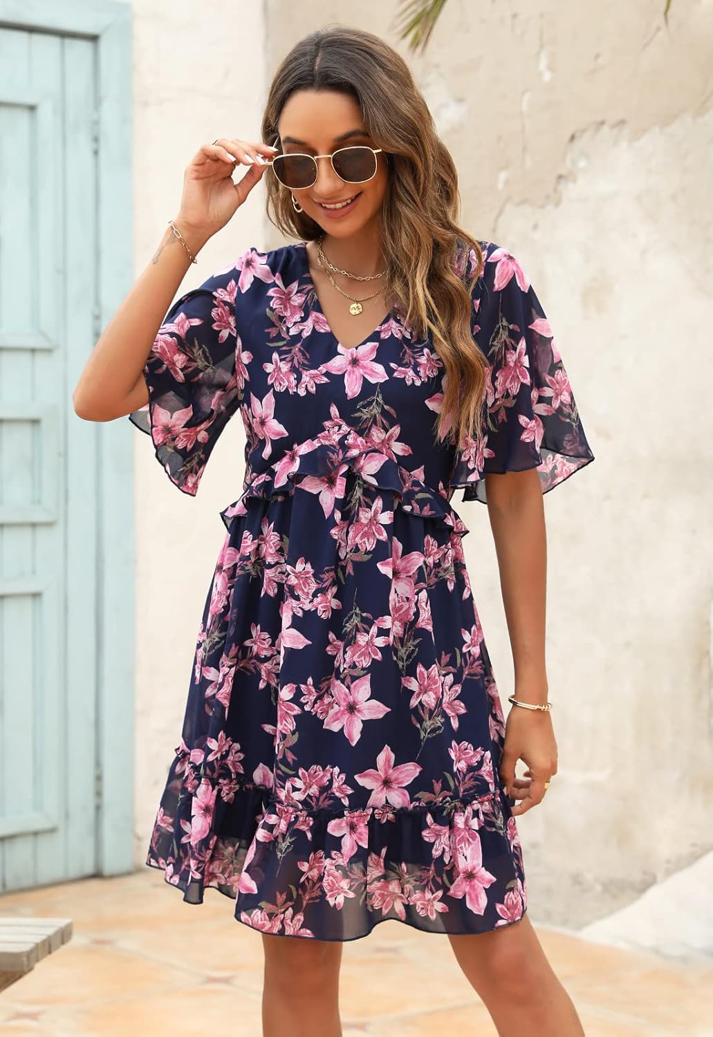 Manydress Women's Chiffon Floral Print V Neck Casual Mini Boho Ruffle Swing Dress MY068 - Image 3