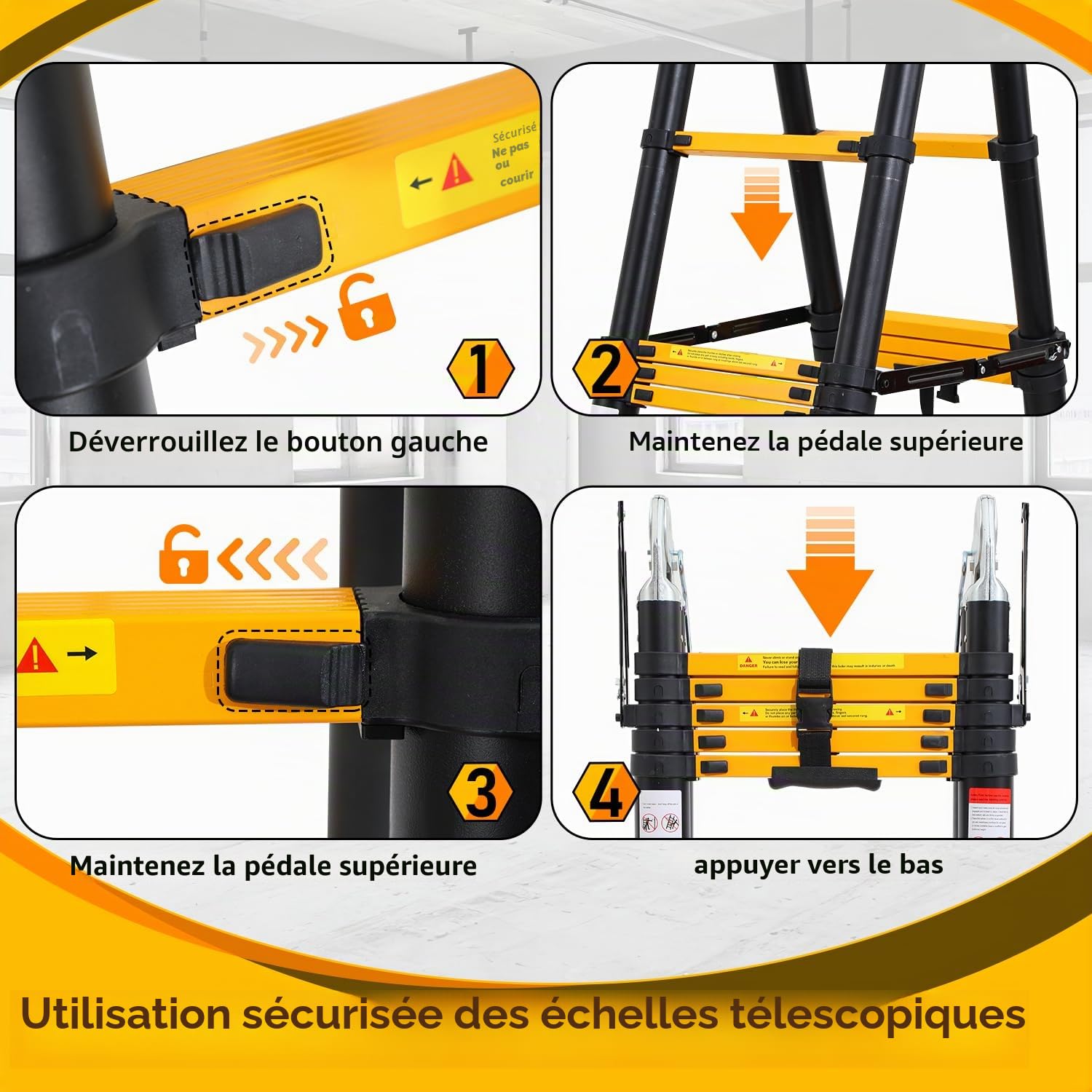 Eulenke Échelle télescopique en Aluminium, escabeau Multi-Usage 5m (2,5m + 2,5m) avec stabilisateur, echelle Pliante Charge maximale : 330lbs / 150 kg, Antidérapante escabeau telescopique, argenté
