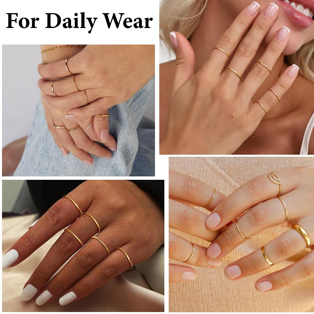 7 Pezzi Anelli Impilabili In Acciaio Inox Da Donna, Thin Plain Band Rings Stackable Knuckle Rings, Comfort-Fit 3/4/5/6/7/8/9-D'oro