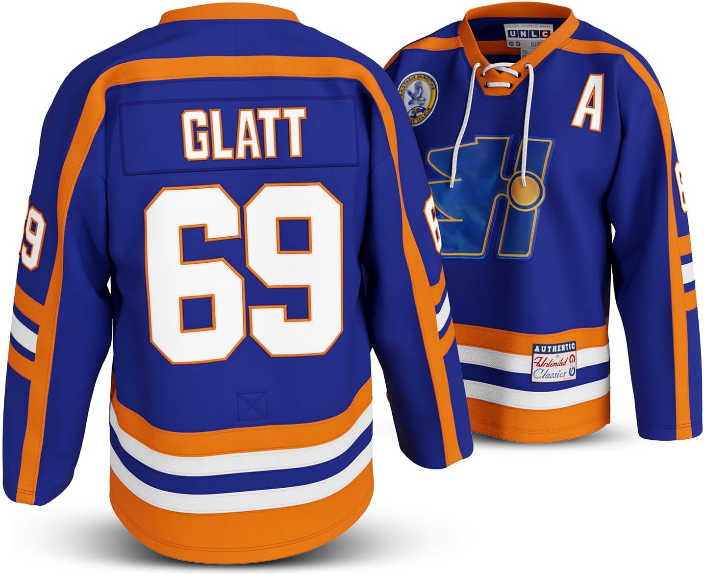 Doug Glatt #69 Halifax Highlanders Hockey Jersey – Navy Goon-Inspired Throwback, Stitched Letters, Adult Sizes S–5XL