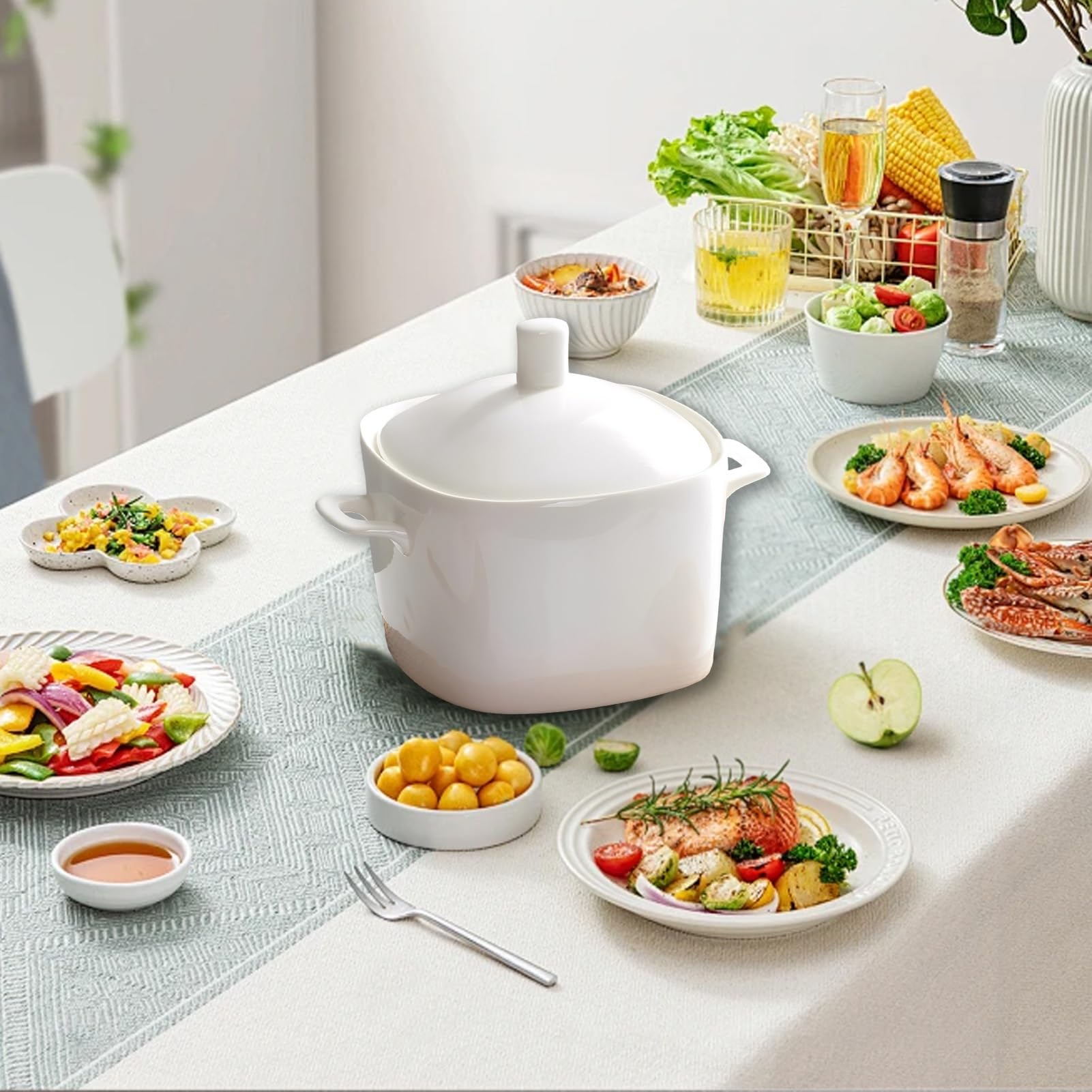 Elegancka ceramiczna miska do zupy z chochlą, okrągła miska do serwowania z podwójnym uchwytem, wszechstronne naczynie do zapiekania na płatki, gulasze, chili, zupę miso - dekoracyjna zastawa stołowa