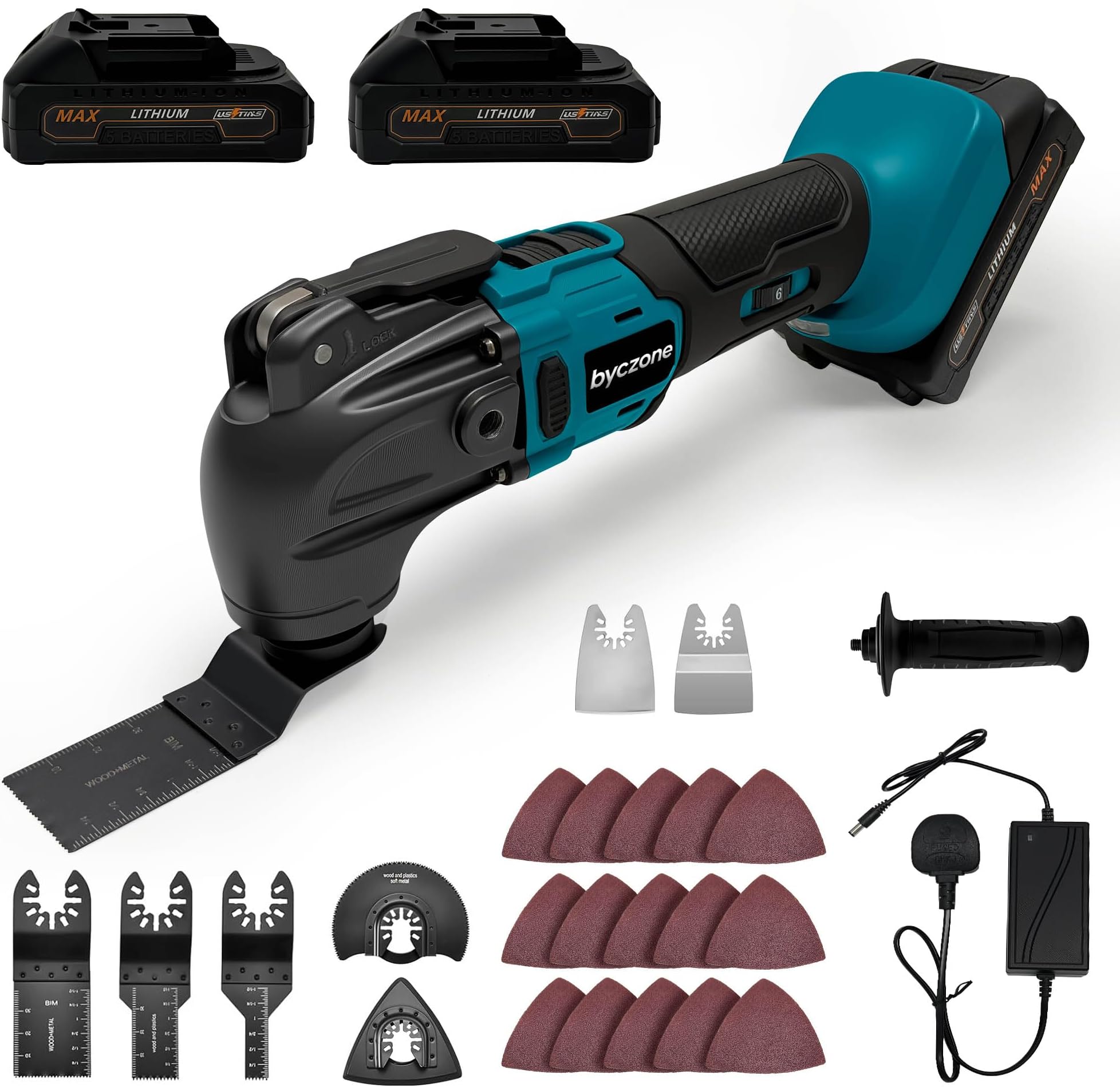 – Cordless Oscillating Multitool with 2x2000mAh Battery, Cordless Multi Tools with 6 Variable Speed, 4°Oscillation Angle, 23PCS Oscillating Tool for Scraping Cutting Sanding