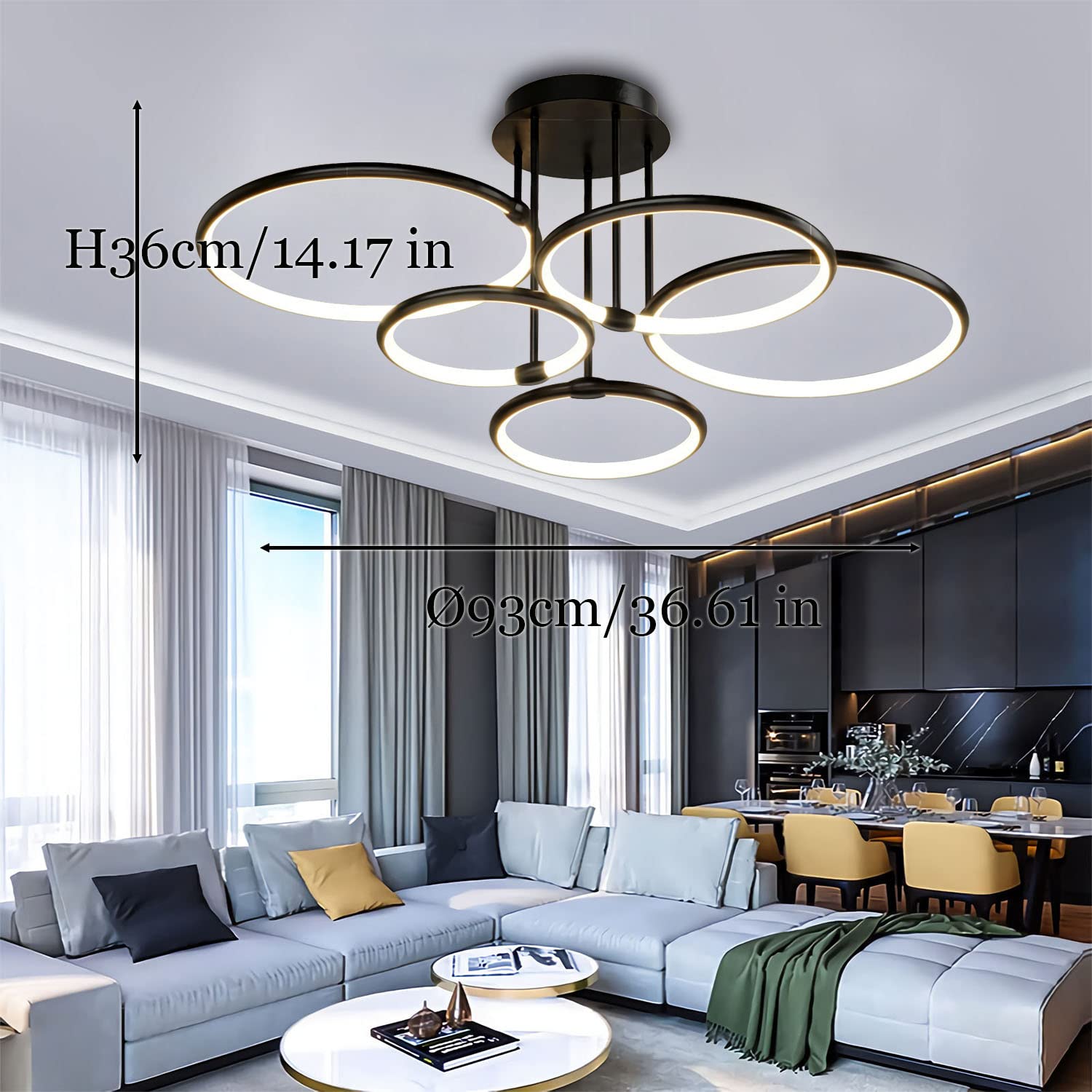 Lampa sufitowa LED Nowoczesna lampa sufitowa z czarnym pierścieniem, ściemniana 3000K-6500K z pilotem Lampa do salonu Sypialnia Biuro Jadalnia (5 pierścienie)