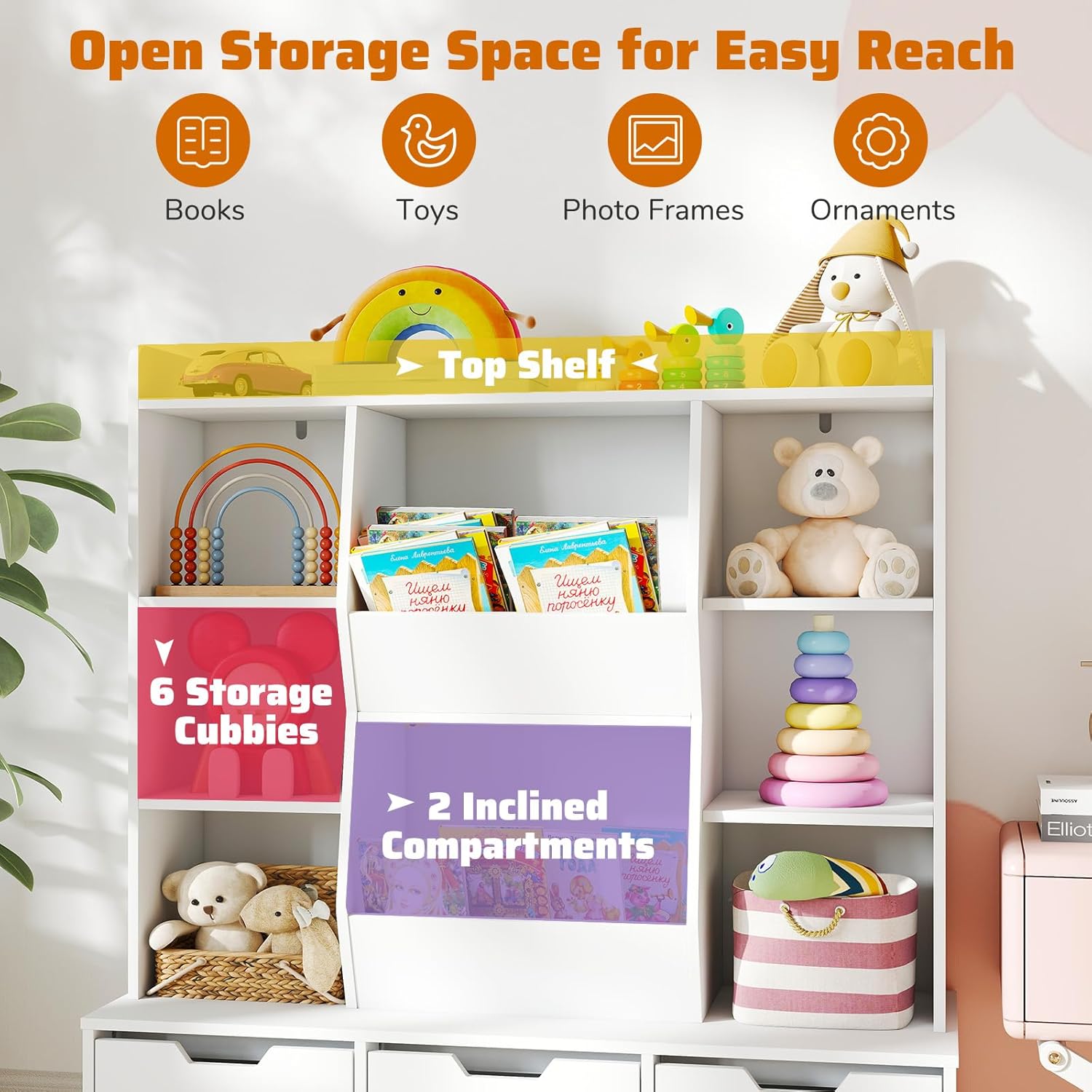 HONEY JOY Kids Toy Storage Organizer, 47” Wooden Bookcase w/ 3 Movable Drawers on Wheels, 8 Cubbies, Floor Storage Cabinet Toy Chest, Kids Display Bookshelf for Classroom, Playroom & Nursery, White