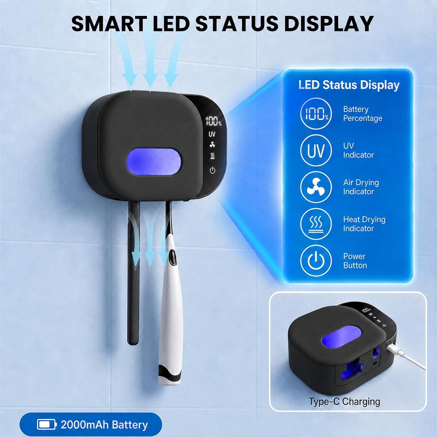 Toothbrush Holder Wall Mounted, Rechargeable with UV Light and Fan Drying, LED Display, Holds 2 Toothbrushes, ABS Material, Auto Shut-Off Black