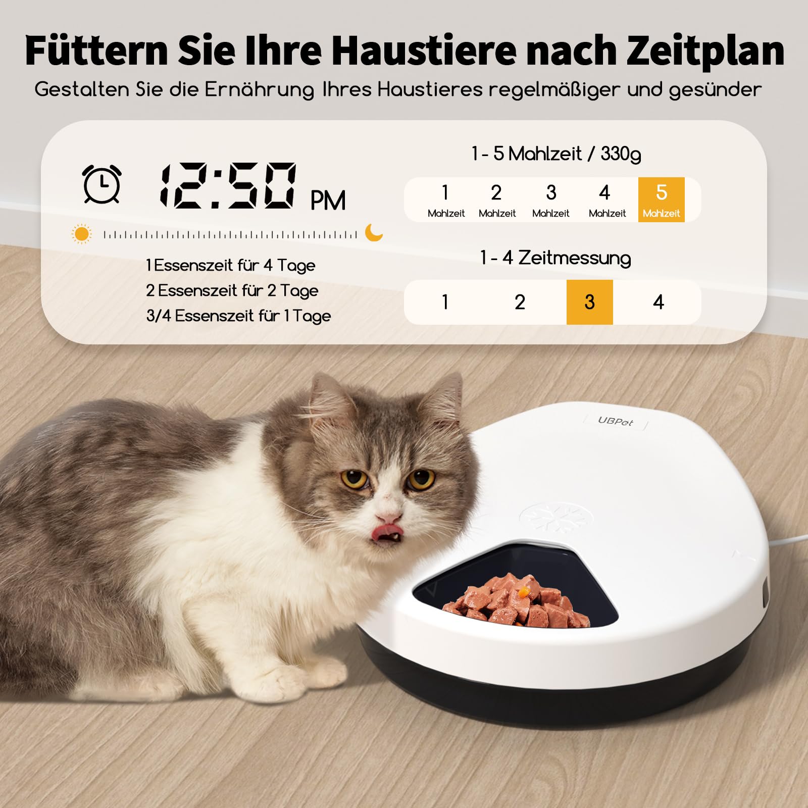 Futterautomat Katze Nassfutter mit Kühlung, Halbleiter-Kältetechnik, Timing-Funktion Katzenfutterautomat, 5 Futterfächer, Premium-Teller, waschbar, für Katzen + Hunde