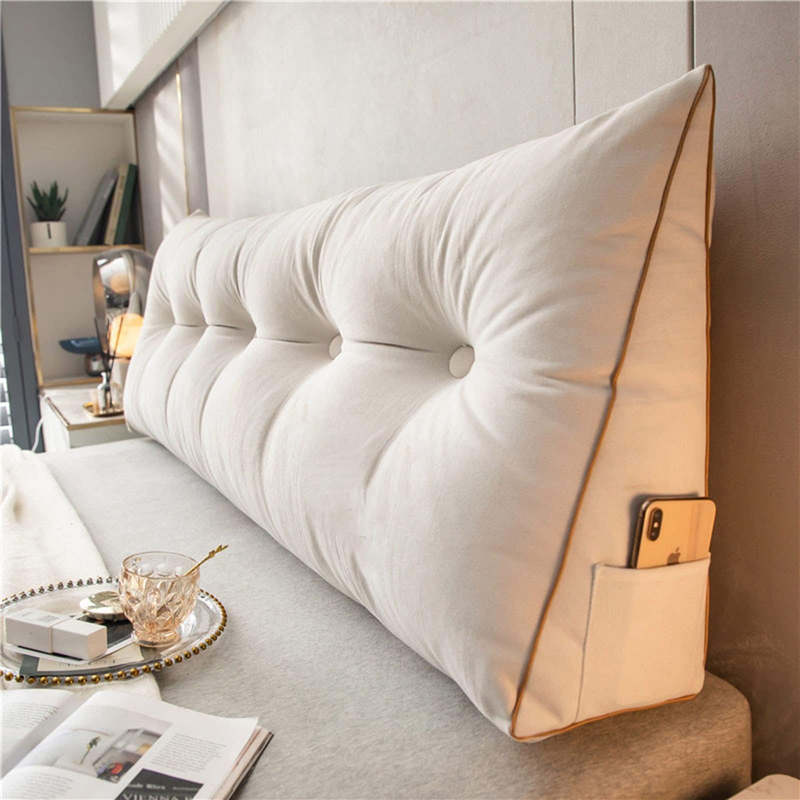 DMJLI-T Headboards for Beds Lumbar Bed Pillow Reading Backrest Cushion Triangular Wedge Pillow Headboard Reading Backrest Cushion Headboard Bolster Support Pillow,120×50×20cm-Bianco