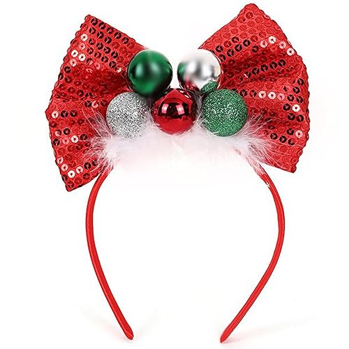 Ecuupas Diadema de Navidad con lazo de Navidad, diadema roja brillante con purpurina verde, diseño de tocado para mujeres, niñas, niños, invierno,