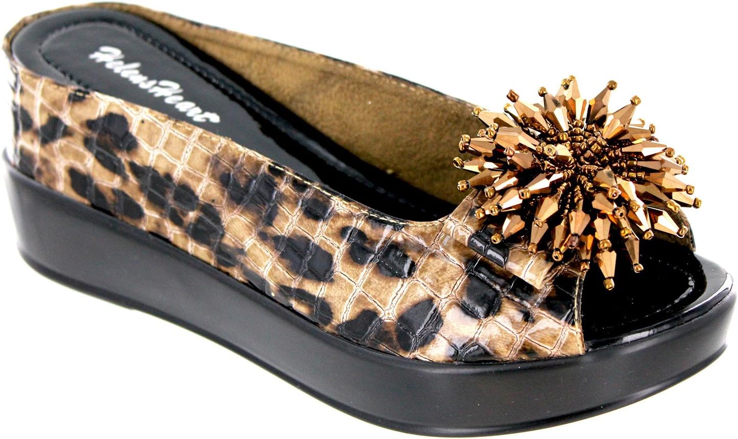 Women's Leopard Animal Print Crocodile Leather Textured Hidden Wedge Slide Sandal with Jewel Buckle, 8127-18, Brown Leopard, Size 10