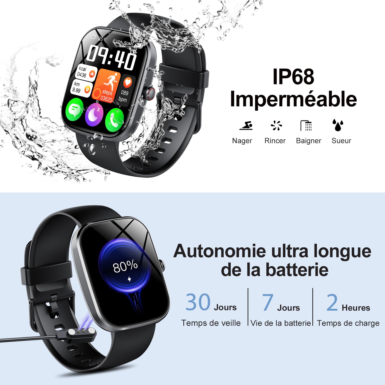 Smartwatch Connectée 1.91" HD - Appels Bluetooth, 150+ Sports, Suivi Santé 24/7 - Étanche IP68 - Compatible Android/iOS - Noir - 5