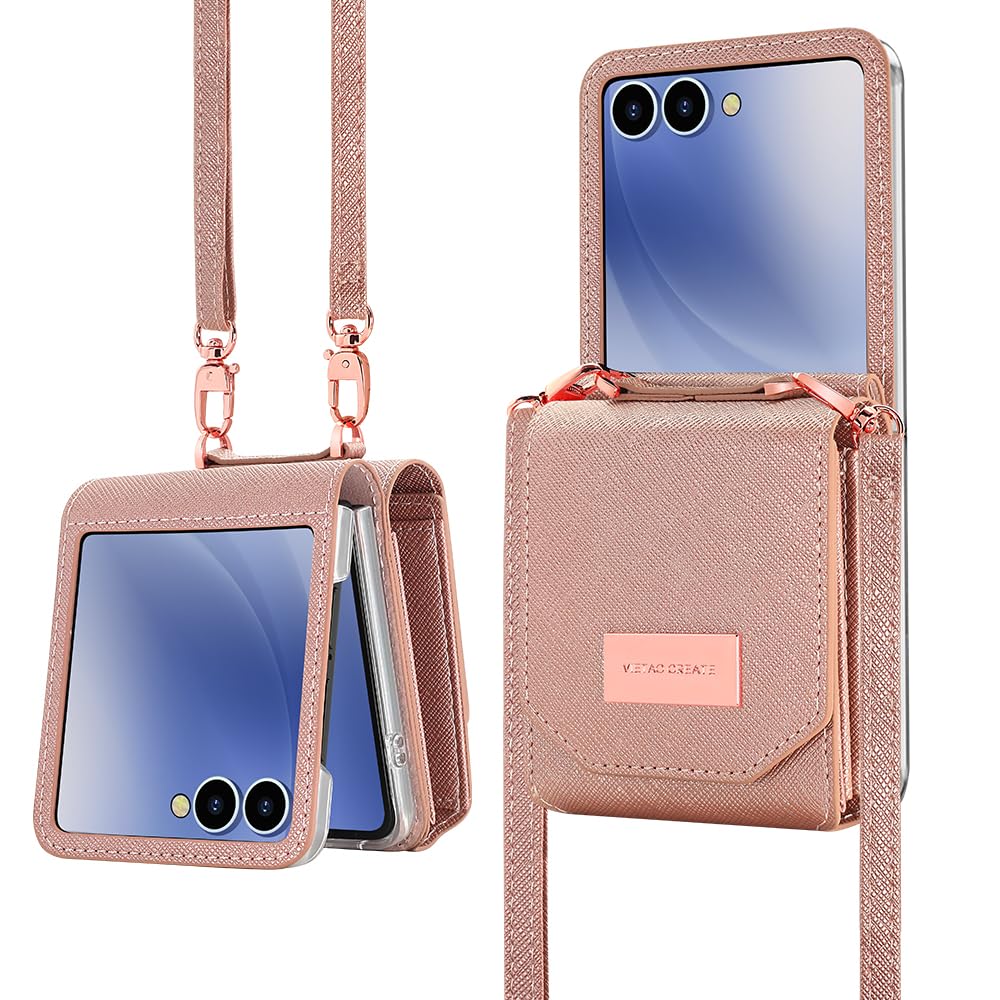Etui do Samsung Galaxy Z Flip 8 Accordion Crossbody Wallet, gniazdo na karty o dużej pojemności, zdjęcie w oknie, stylowe i wszechstronne akcesoria. (Rose Gold)