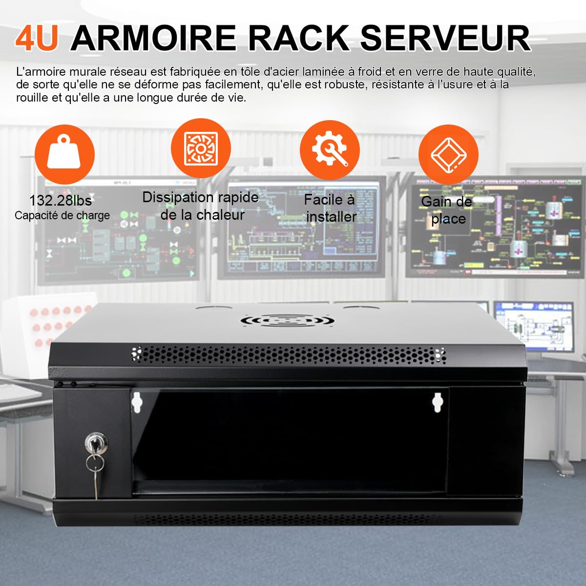 Baie Murale de 4U,Armoire Rack Serveur Réseau à Montage Mural,Armoire réseau Boîtier Rack avec Porte à Serrure & 2 clés 550×400×210mm