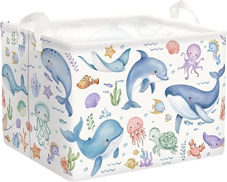 Sea Animals Laundry Hamper Ocean Fish Coral Large Storage Basket Parents Organizer Kids Clothes Toy Bins for Bedroom, Bathroom, Blue Whales, 36L