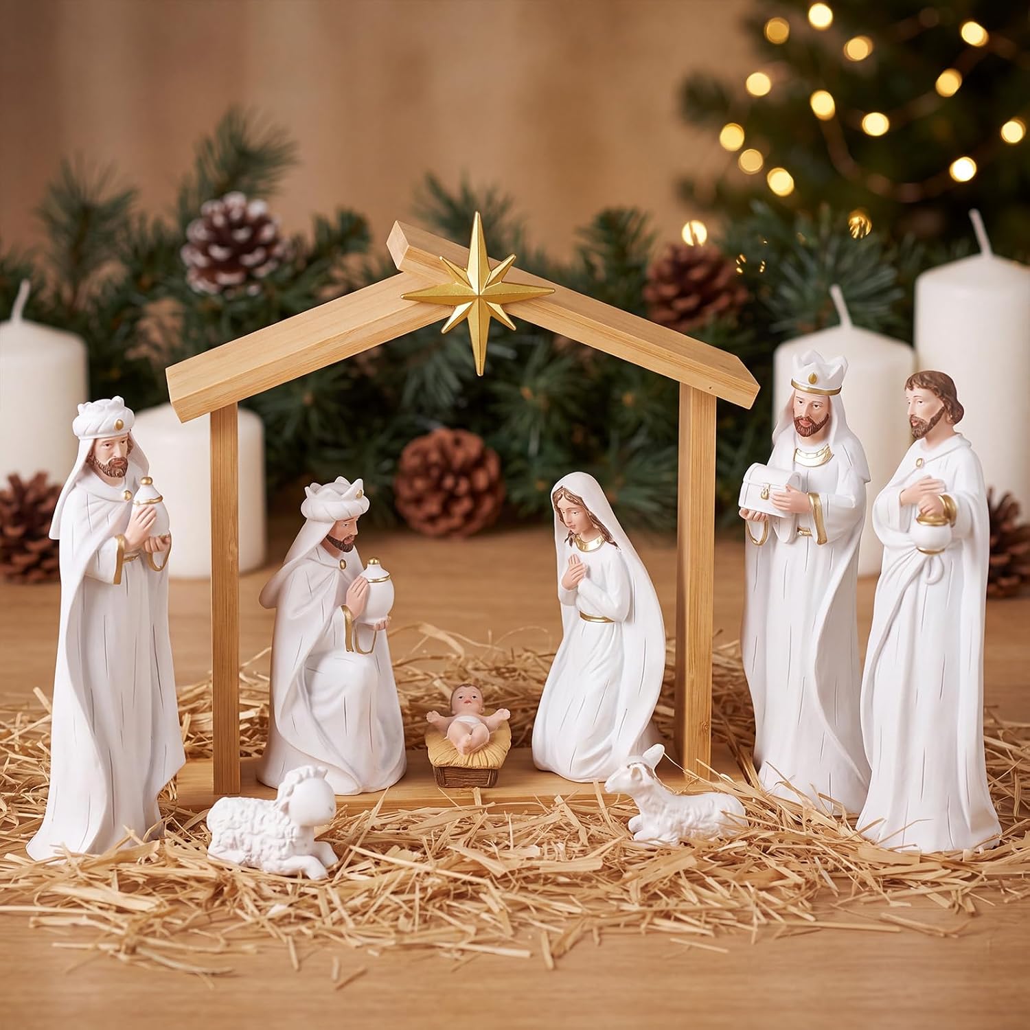 11pcs Christmas Nativity Scene Set Holy Statue Manger Raffia