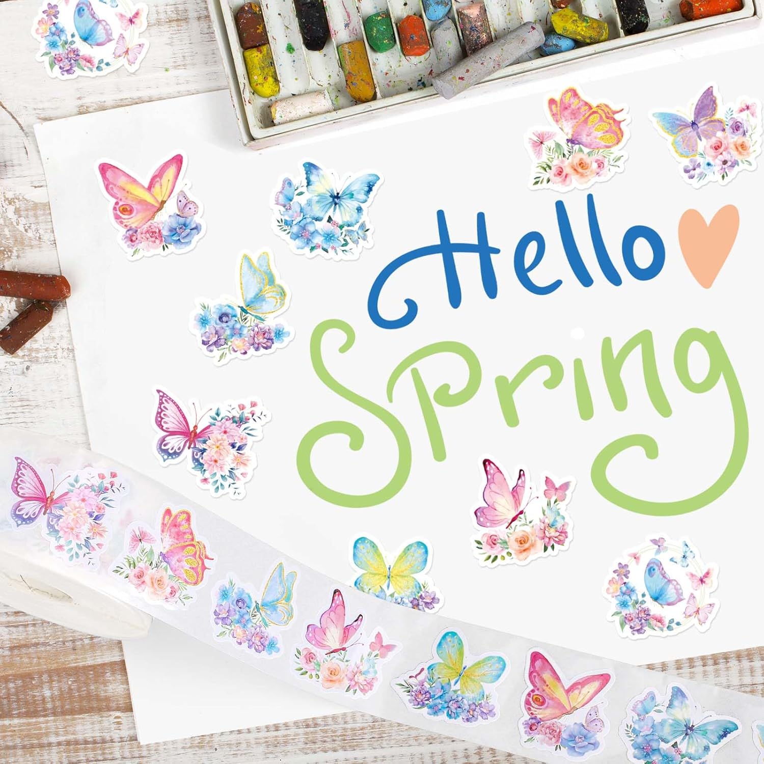 Whaline 1600Pcs Butterfly Flower Stickers Roll Spring Floral Paper Decals 9 Designs Watercolor Self-Adhesive Decorative Stickers for Envelope Scrapbook Decor Party Supplies, 2 Rolls