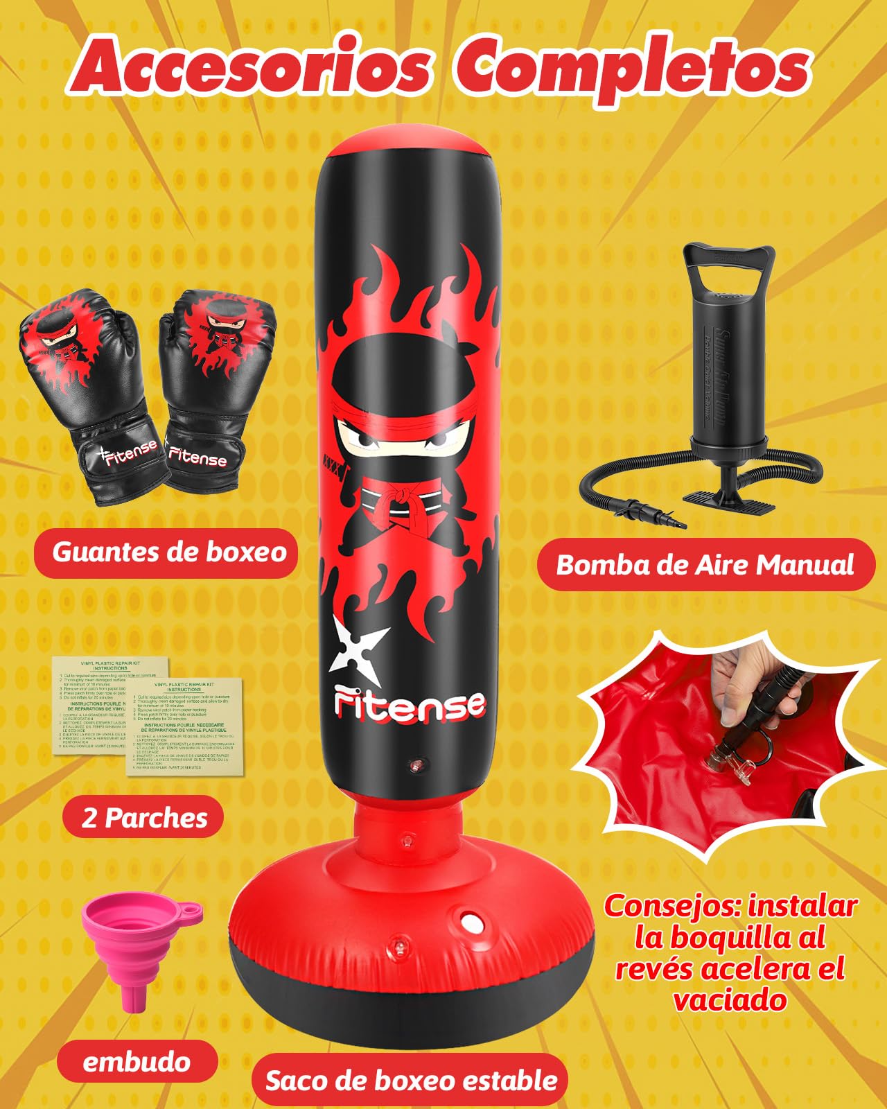Fitense Saco de Boxeo Niños, 160cm Boxeo Saco Inflable con Guantes y Bomba, Punching Ball Estable para Niños y Niñas, Set Regalo Saco de Boxeo de Pie para Práctica de Karate, Taekwondo, MMA,Rojo Ninja