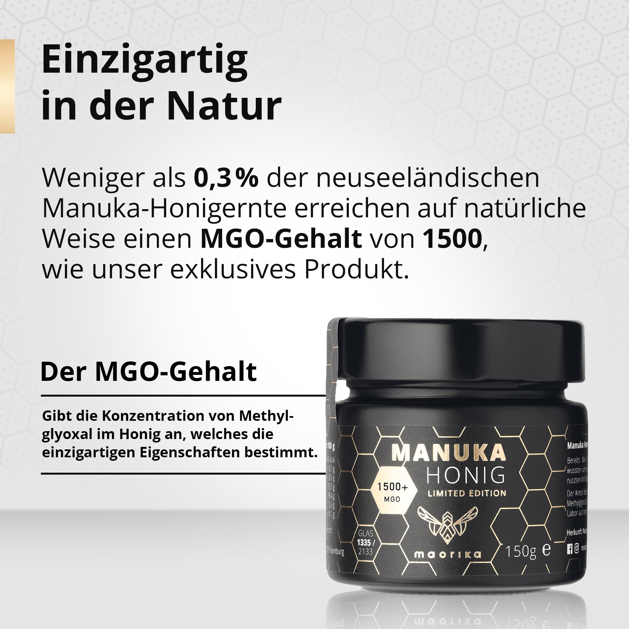 maorika - Manuka Honig 1500 MGO (Limited Edition) im Glas - lichtundurchlässig, kein Plastik - laborgeprüft mit zertifiziertem Methylglyoxal Gehalt aus Neuseeland 150g