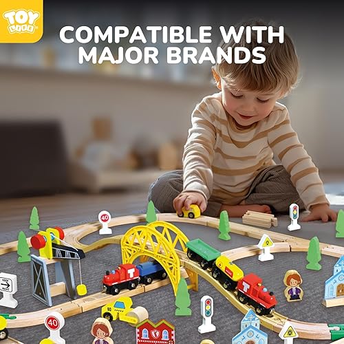 Miniatura 3 de TOY Life Juego de tren de madera, 60 piezas con grúa magnética, juguetes de madera para niños y niñas de 3, 4, 5, 3 años, juguetes de madera para