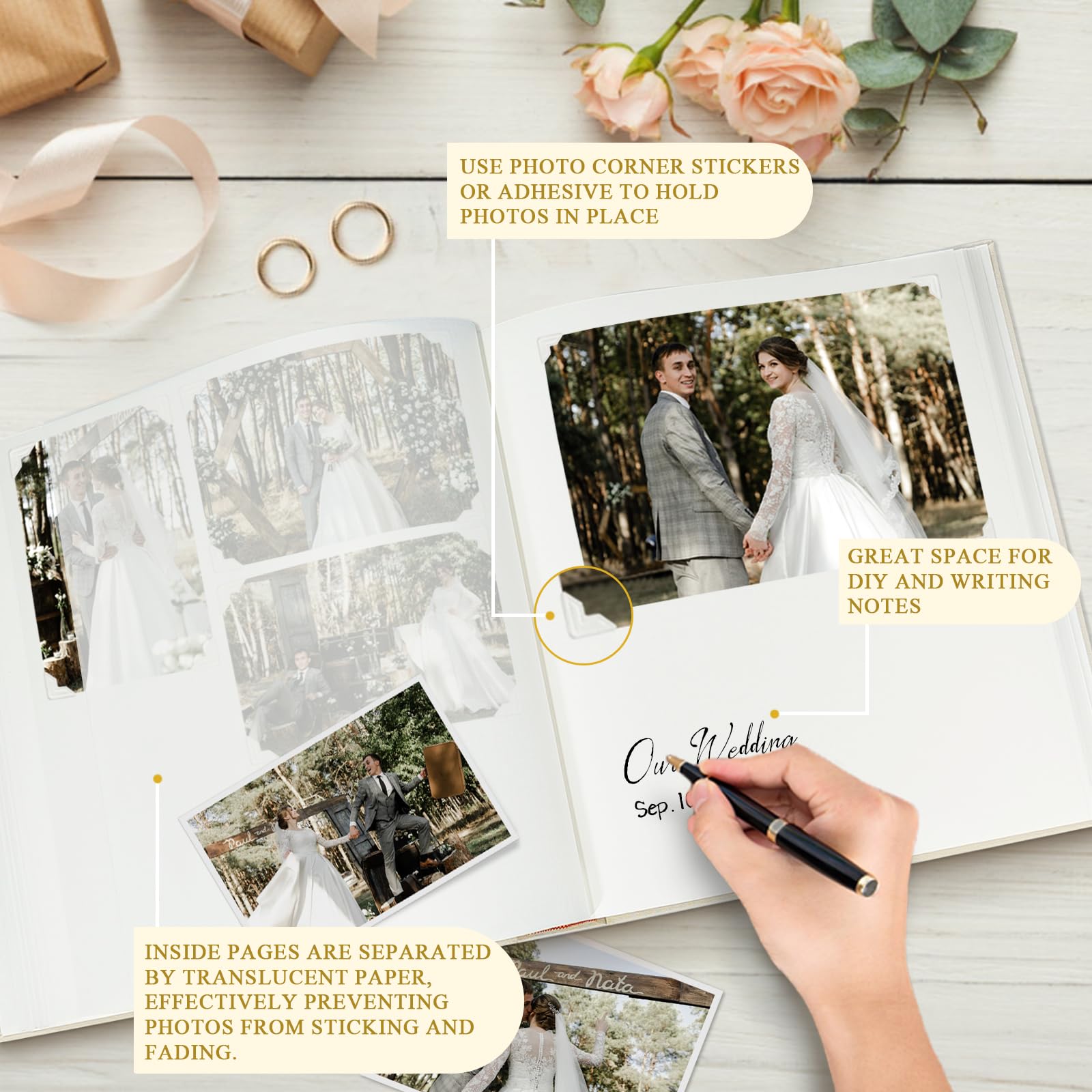JTB - Álbum de recortes sin ácidos, organizador de fotos de bricolaje con diseños flexibles para fotos de 3 x 5 a 8 x 10 pulgadas, libro de recuerdos de boda y bebé, diario familiar creativo