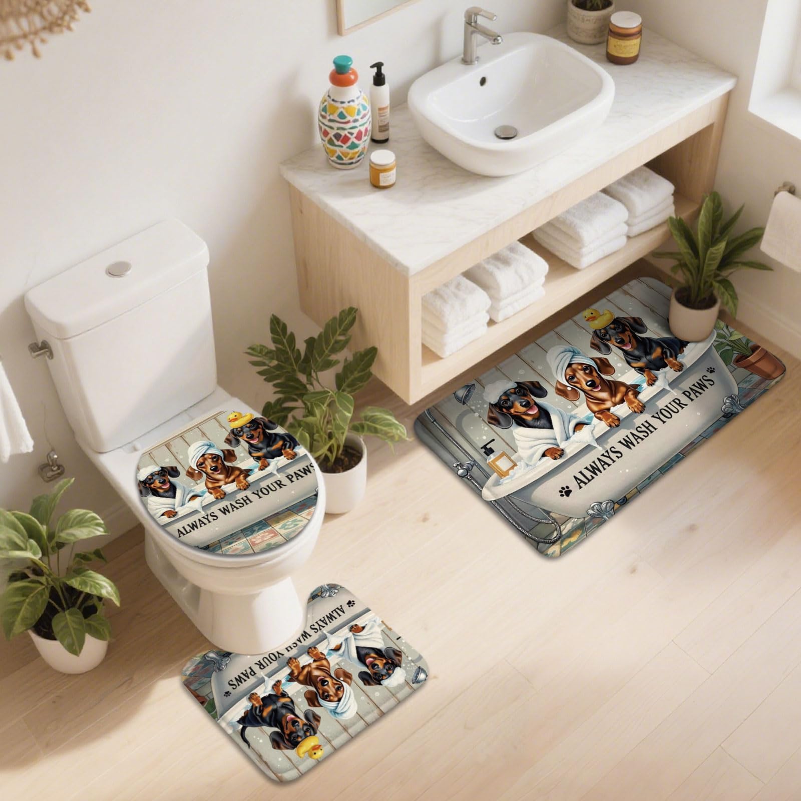 peacoblue 3-teiliges Badvorleger Set,Dackel für Badezimmer Zuhause
