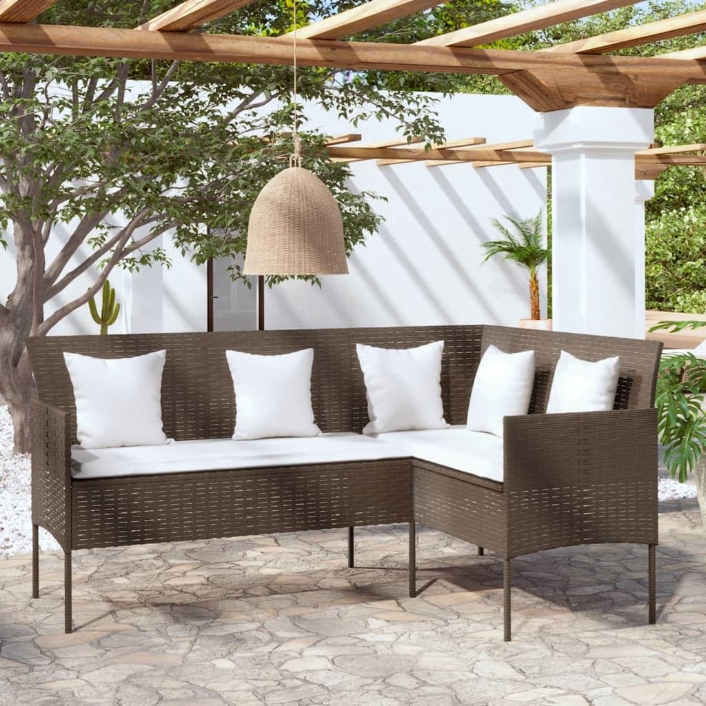 Divano a L da Giardino in Rattan PE Marrone con Cuscini | Elegante seduta angolare per giardino e terrazzo con imbottitura spessa, ideale per momenti di relax e conversazione.