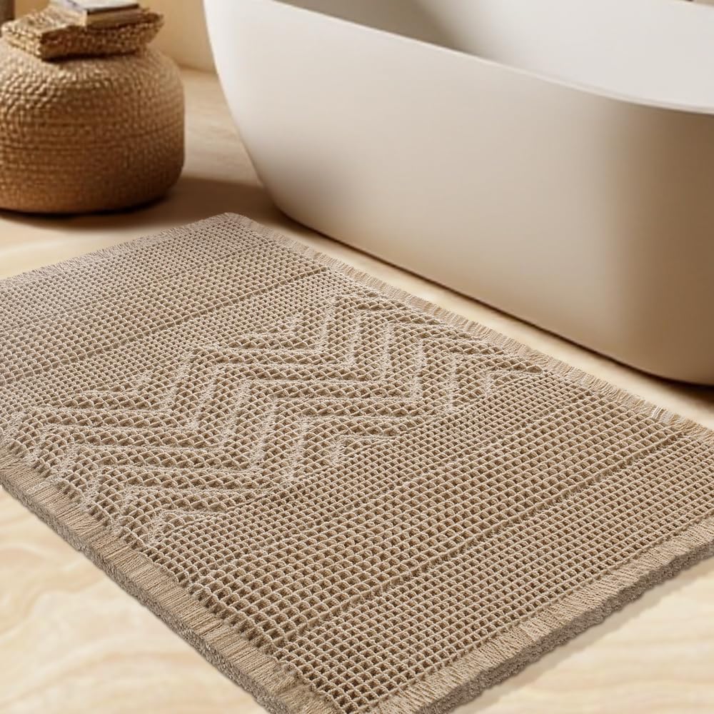 Waffle Bath Mat, Boho Woven Modern Bath Rug Absorbent Non Slip, Ultra Soft Bathroom Mats, Machine Washable Knit Bath Rugs Vertical Stripes with Ripples for Bathroom, Bedroom, Shower, 32"x20", Beige