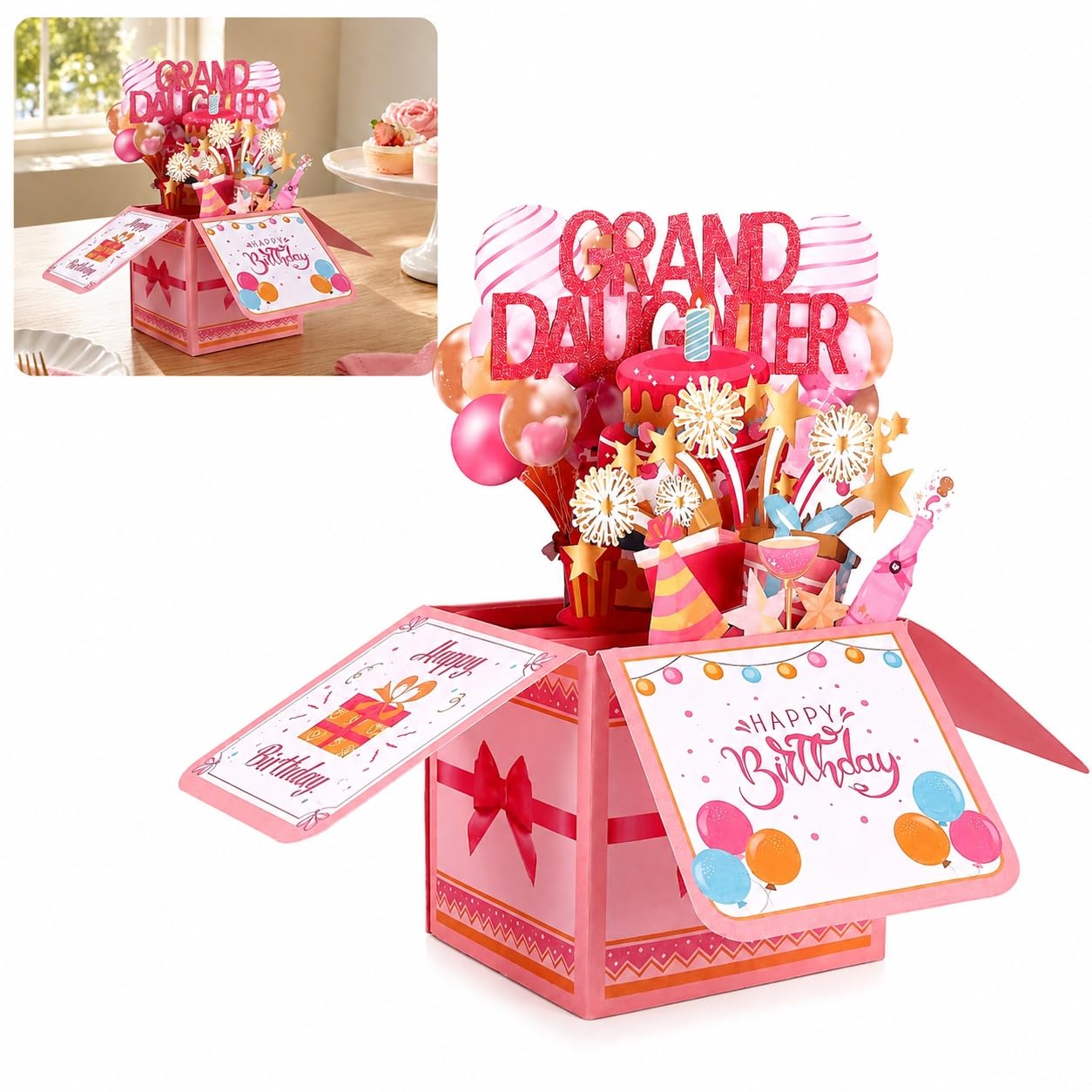 Granddaughter Birthday Card – 3D Pop Up Box Balloons Fireworks 3 Piece Set