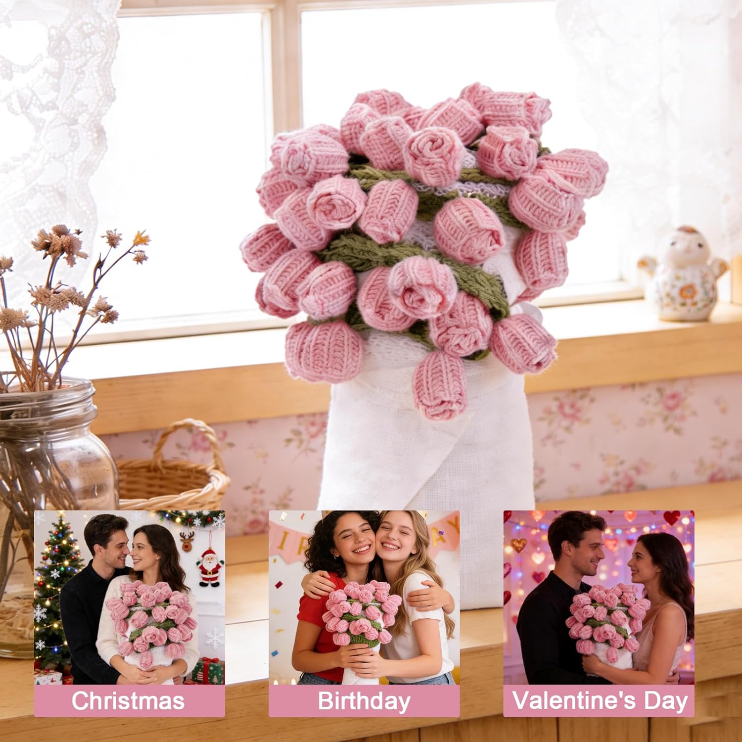 Sokfone Flower Blanket - Crochet Rose Blanket with Bouquet Blankets, Knitted Throw Blankets for Birthday, Wedding, Anniversary,Home Decor (31.5inch - Finished Pink) - Image 5