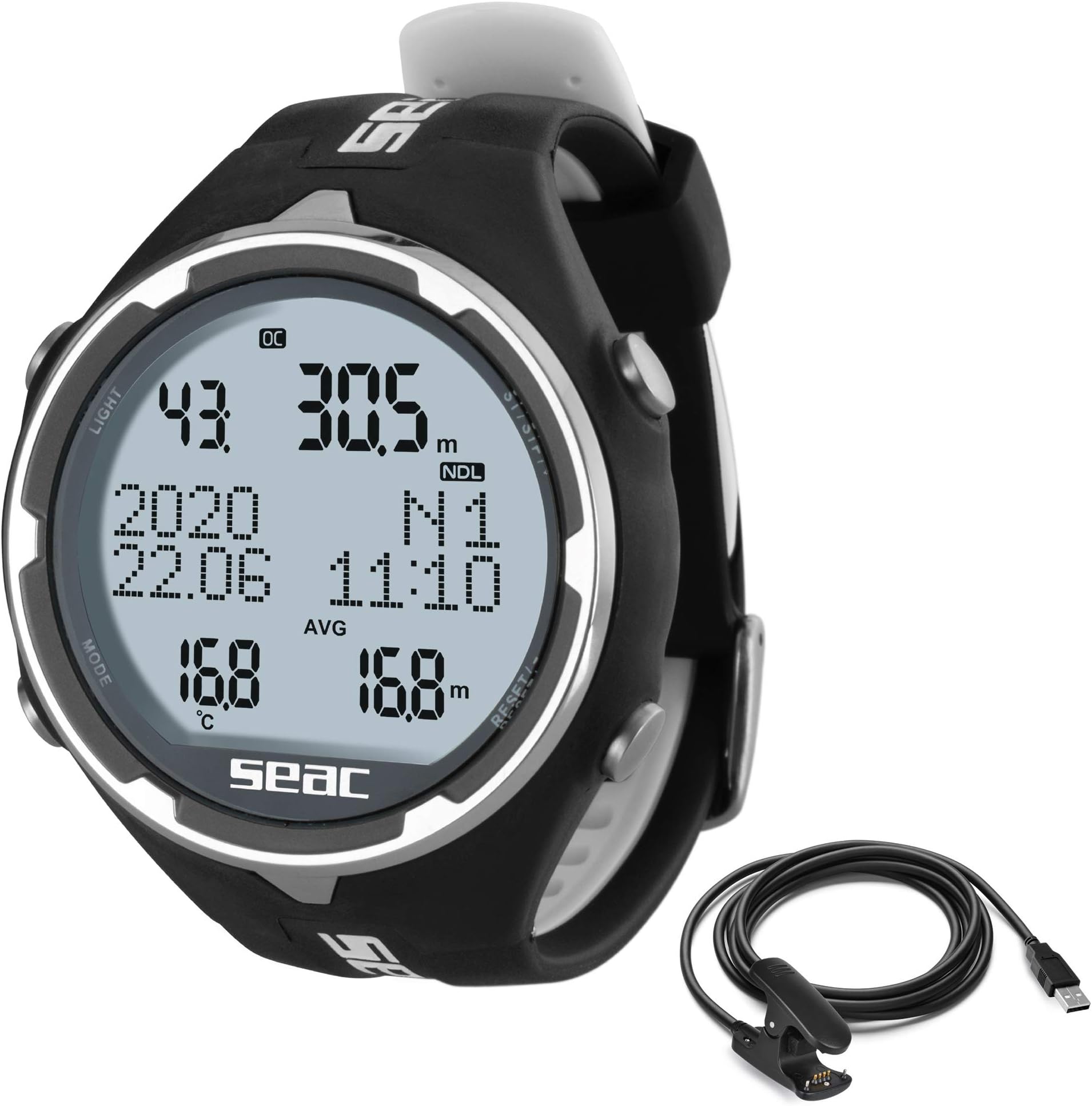 Seac Action, Dive Computer with Scuba and Freediving Mode, Dive Logbook, Dive Planner, Safety Alarms, black/white + usb