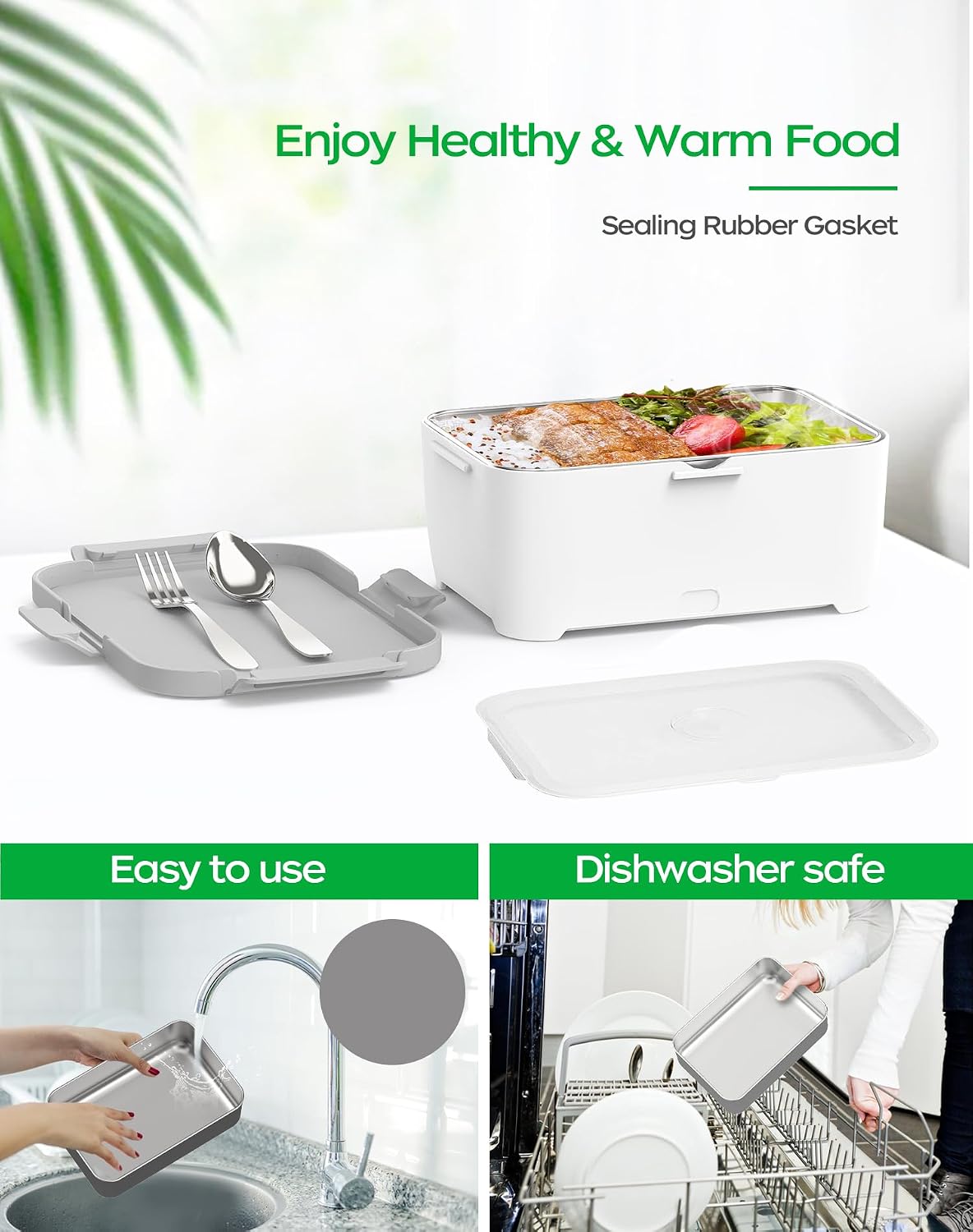 ROTTOTOON Electric Food Warmer, 2 in 1 12V/110V Heated Lunch Box (1.8L Large Capacity) for Car/Truck/Home/Office with Fork and Spoon (White & Gray)