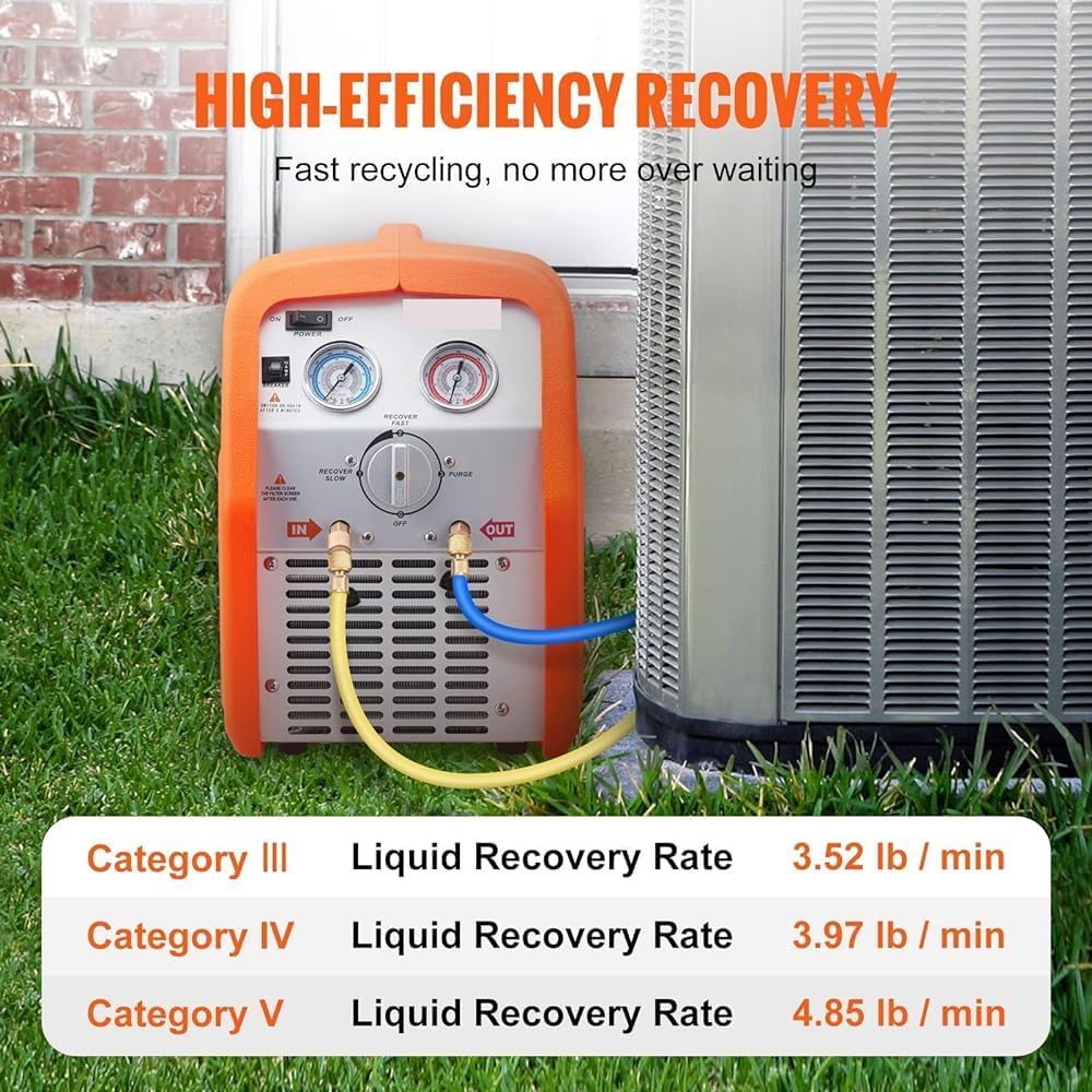 Portable Refrigerant Recovery Machine,Professional AC Recovery Machine,HVAC,for Liquid Refrigerant (1hp)