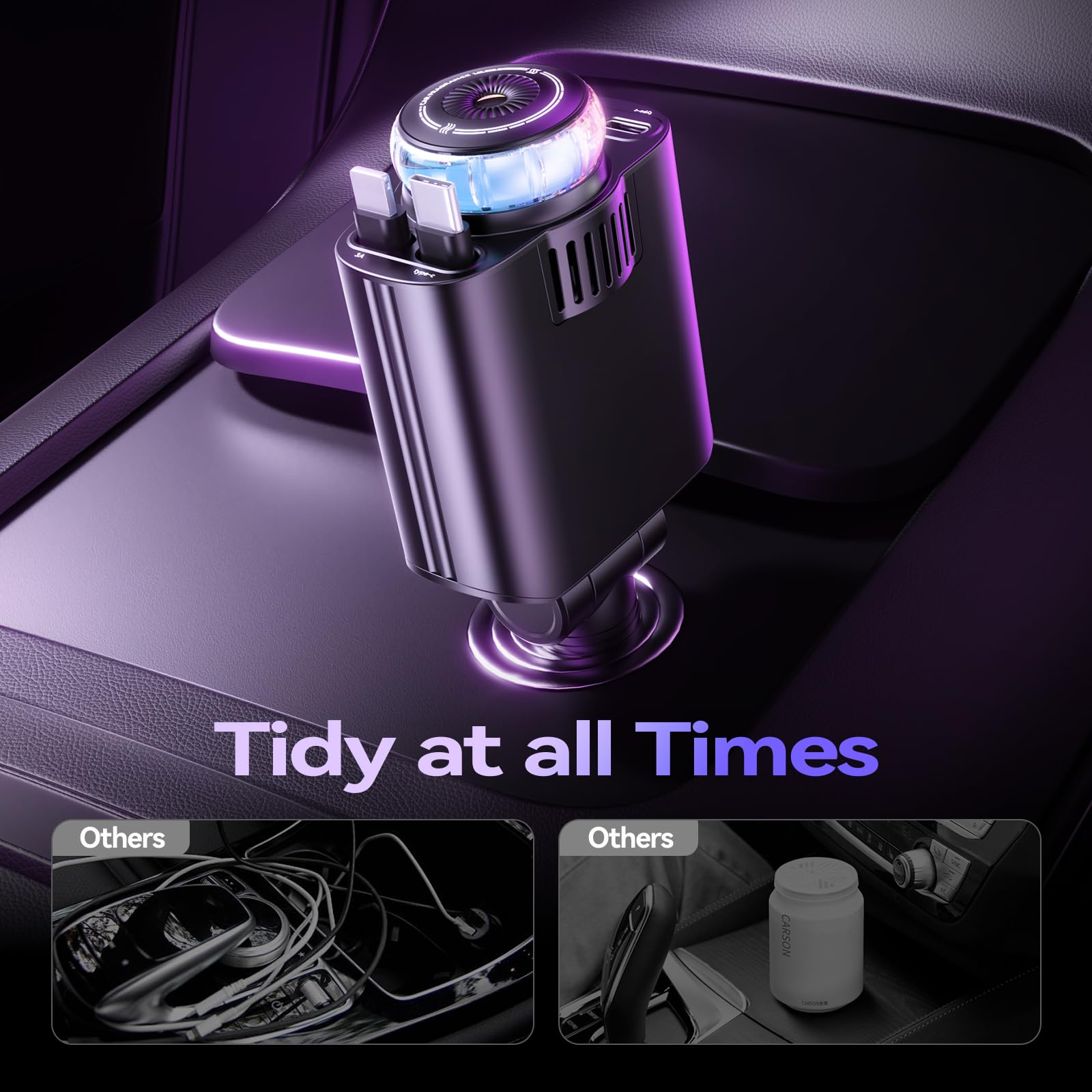 Cargador retráctil de coche con aromaterapia y luz de estrellas, adaptador USB C 5 en 1, cargador de coche de carga rápida de 69 W, ambientador de coche compatible con iPhone 16, 15, 14, 13, 12 y