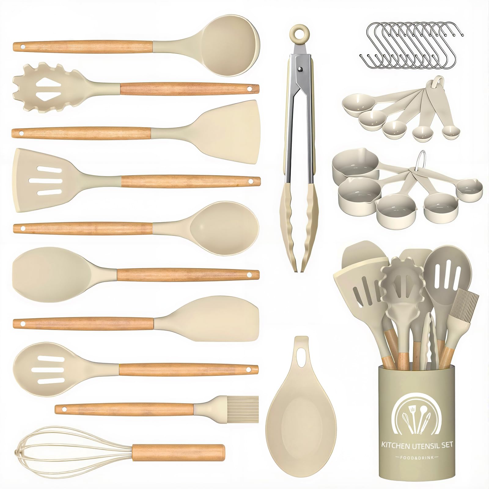 silicone cooking utensils set, heat resistant food grade silicone kitchen gadgets, spatula set w holder, for nonstick cookware (bpa free, khaki)