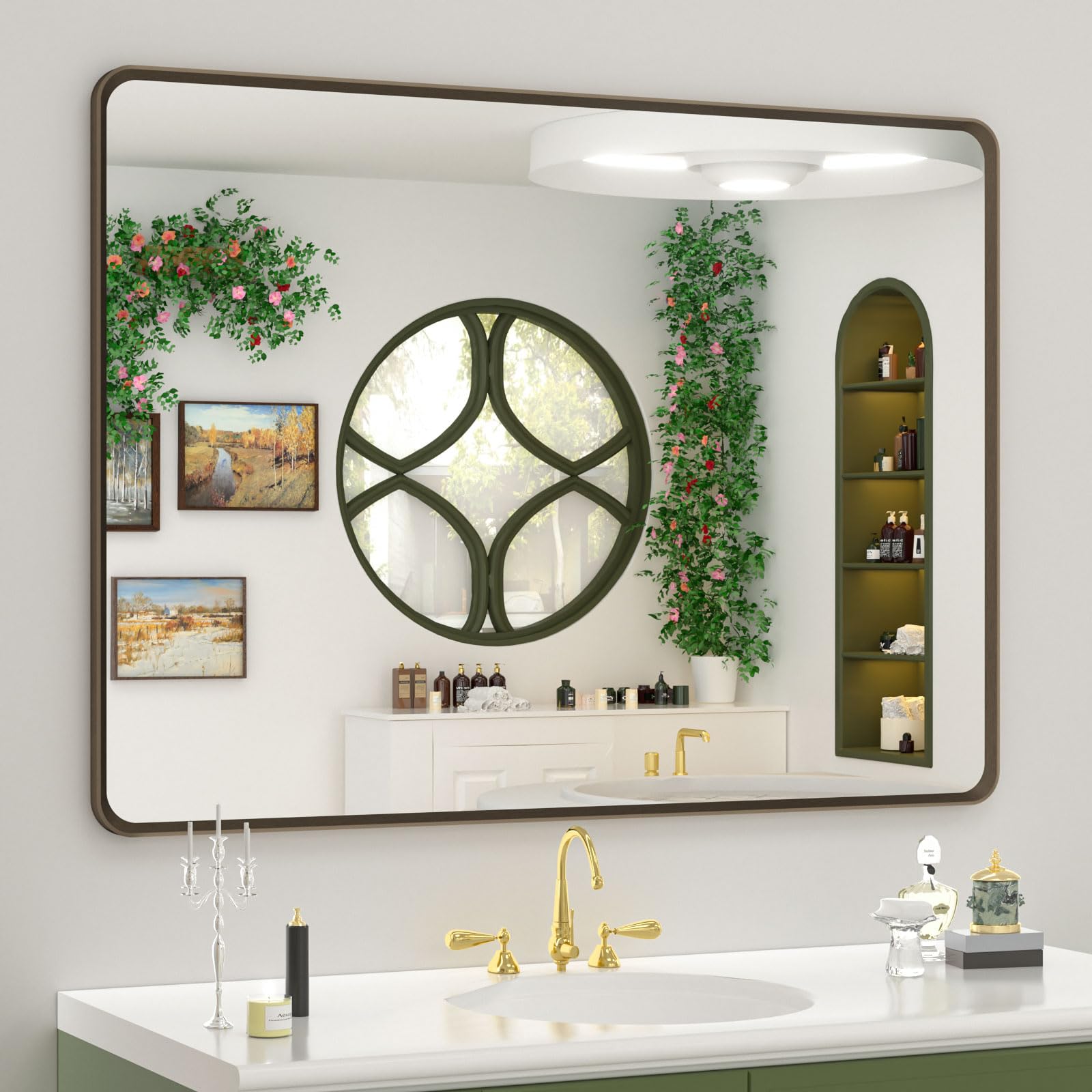 OKPAL 44x32 Bronze Bathroom Mirror, Brushed Metal Bathroom Vanity Mirror, Rounded Bronze Rectangle Mirror for Farmhouse, Bedroom, Anti-Rust (Horizontal/Vertical)