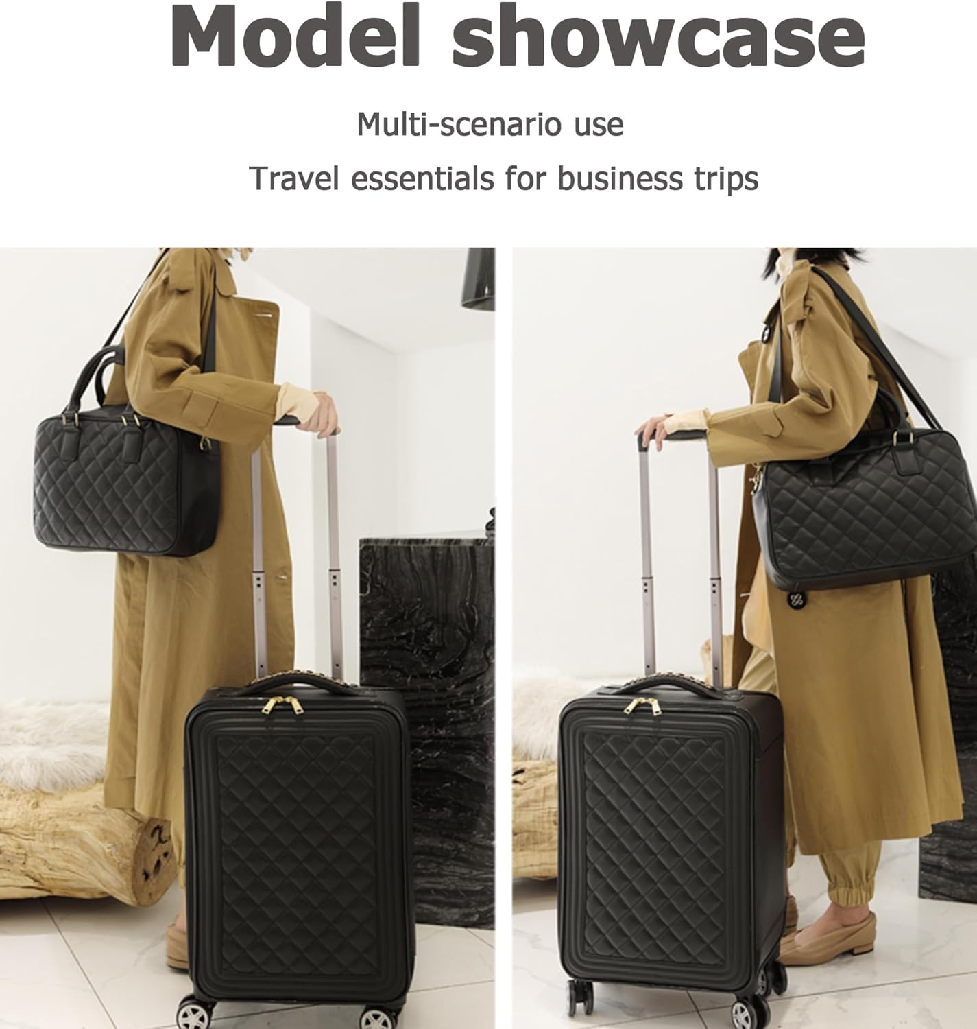 feilario 24in 2 Piece Set Travel Leather Softside Carry On Luggage Double Spinner Wheels Checked Suitcase - Image 5