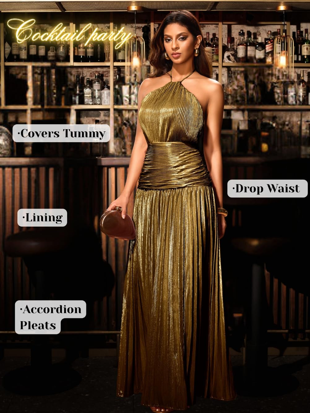 Kaei&Shi Metallic Pleated Dress,Halter Formal Cocktail Dresses with Slit,Sparkly Long Evening Gowns for Women - Image 6