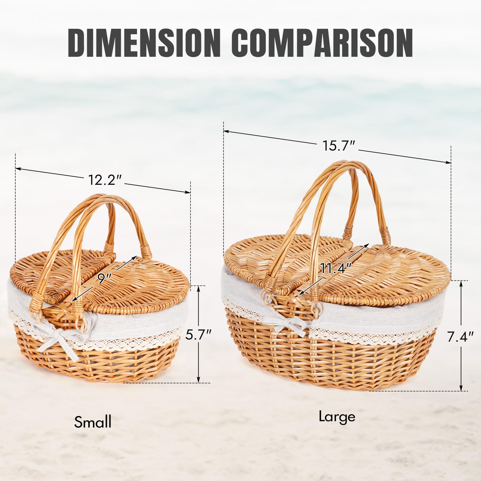 Happypicnic Cesta de picnic de mimbre con asa, cesta de picnic vacía grande de 15 pulgadas con tapa y forro extraíble, cesta vintage tejida a mano para picnics, camping, recogida de verduras, día de