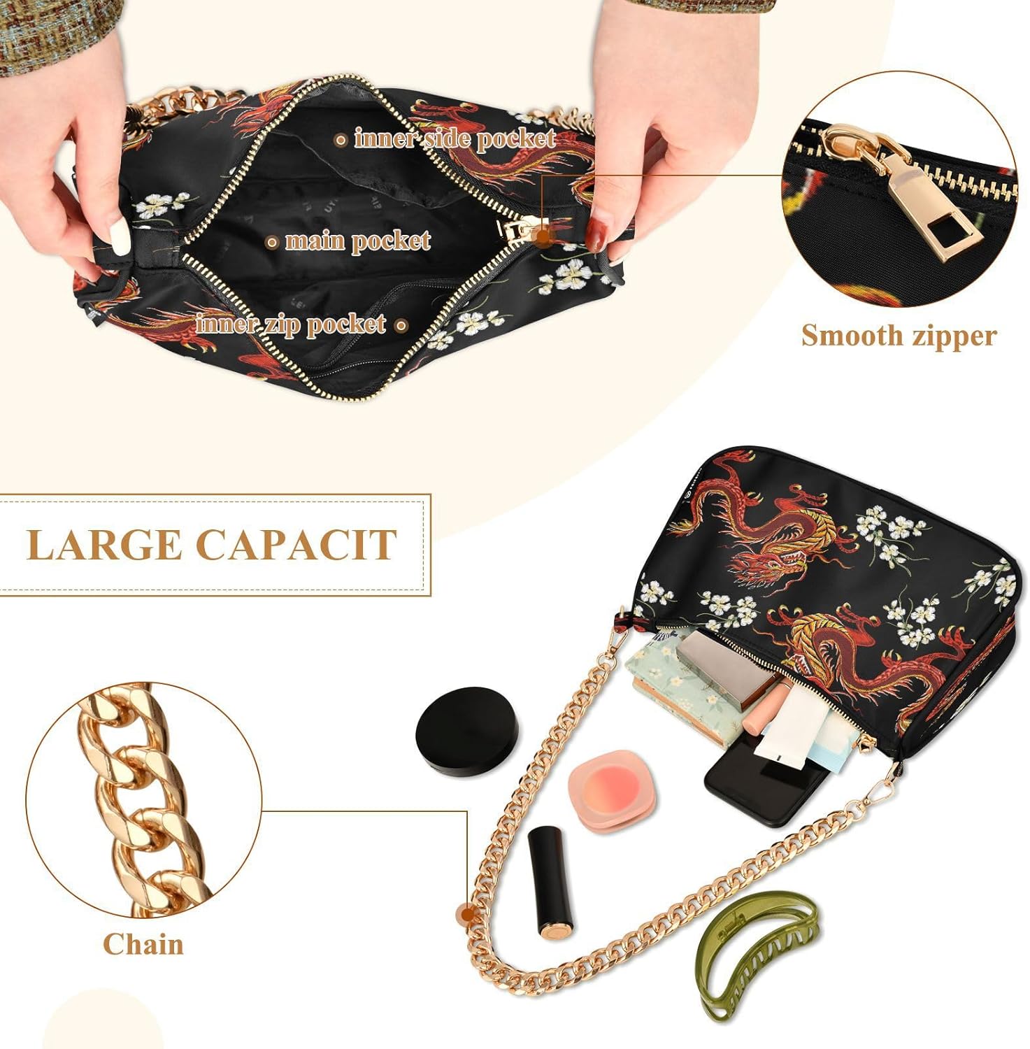 Shoulder Bags for Women Fire Water Dragon Hobo Tote Handbag Small Clutch Purse with Zipper Closure