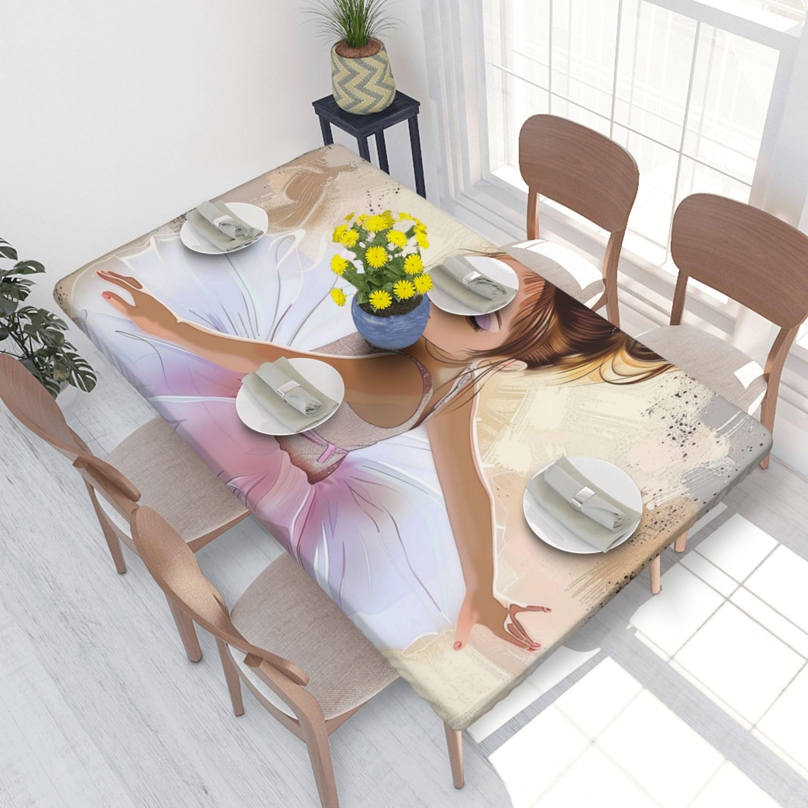 WPKJU Little Ballerina Dancing Girl Printed Tablecloths 4ft Rectangular Table Covers Washable Polyester Decorative Table Cloth for Dining Table Picnic Wedding