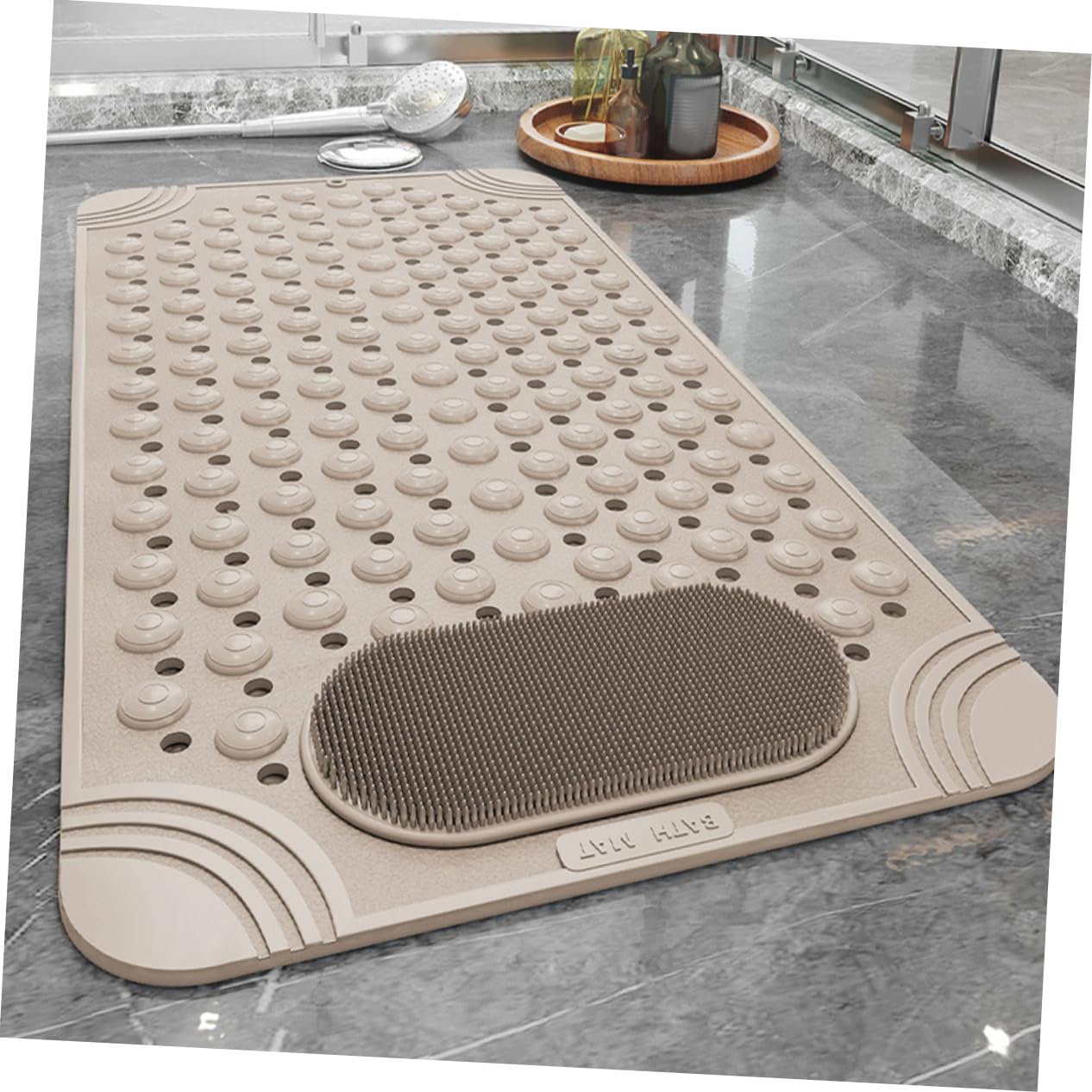 Happyyami Alfombrilla para Fregar Pies de Ducha Antideslizante de PVC con Ventosas y Diseño de Masaje para Baño y Ducha Beige