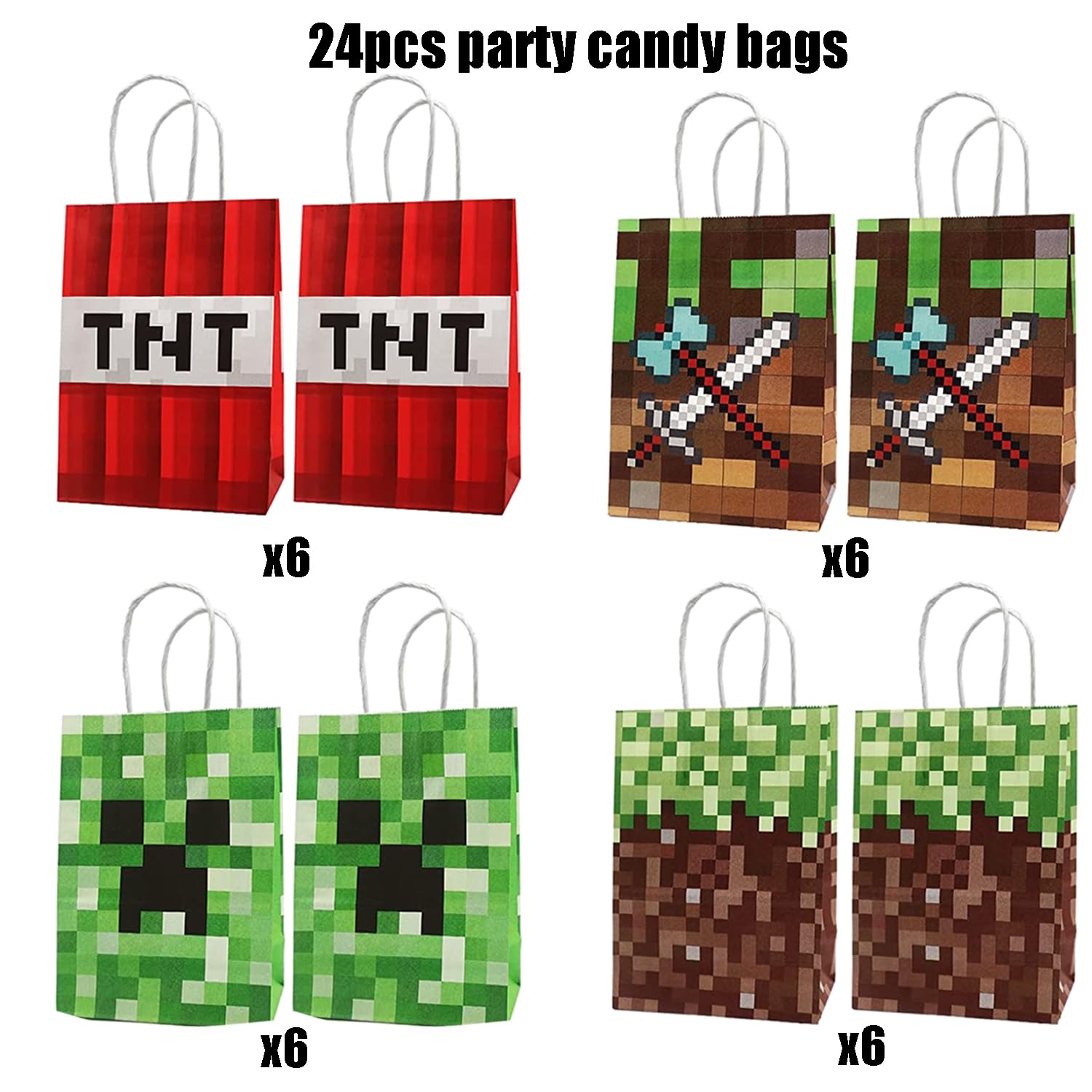 New 48pc Pixel Party Gift Bags - 24pcs Paper Bags & Stickers, Cute DIY Themed Party Supplies for Kids' Birthdays