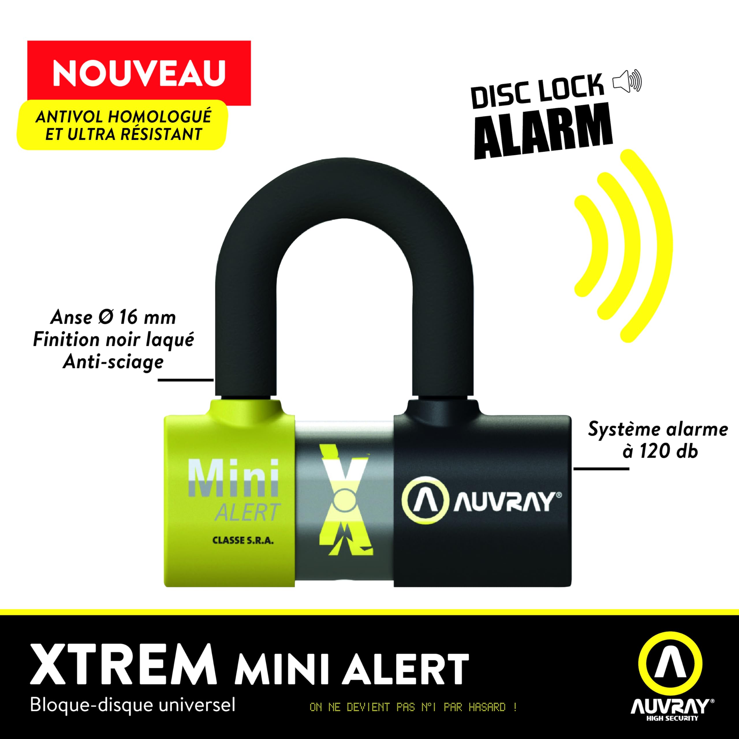 AUVRAY - Antivol Bloque Disque Moto XTREM Mini Alert - Certifié Art 4329 & SRA - Alarme intégrée 120 DB - Niveau de sécurité 9/10 - Haute sécurité - Recommandé par Les Assureurs - Garantie 10 Ans