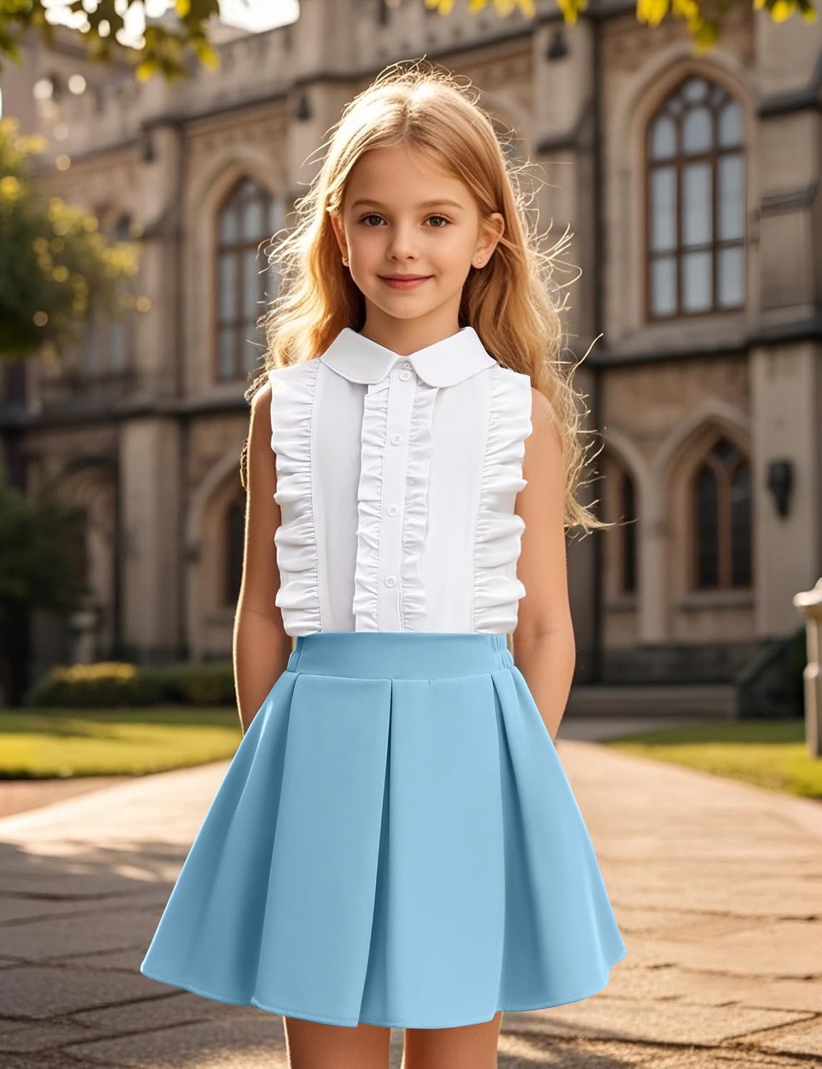 Girls Two Piece Outfits Sleeveless Peter Pan Collar Ruffle White Button Down Shirts and Pleated Skirt Set