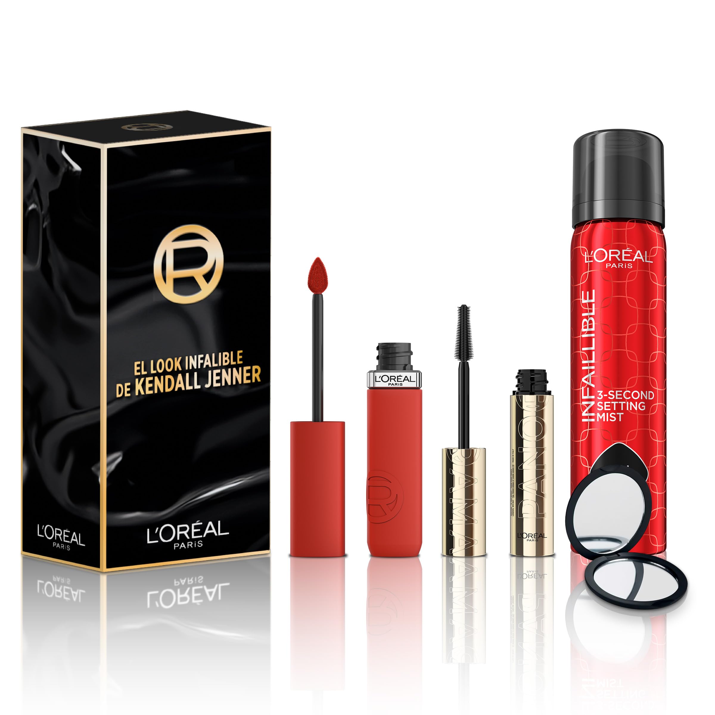 L'Oréal Paris Cofre Regalo Favoritos de Kendall Jenner Panorama máscara, Infaillible Spray Fijador e Matte Resistance labial tono 400 + REGALO un mini espejo