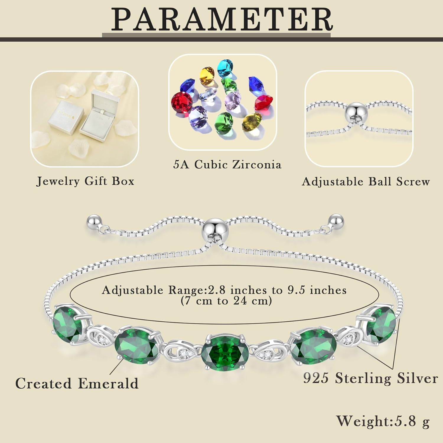 925 Sterling Silver Birthstone Bracelet for Women Oval/Cushion Cut Tennis Adjustable Bracelet Cubic Zirconia Fashion Birthday Wedding Jewelry Gift for Her