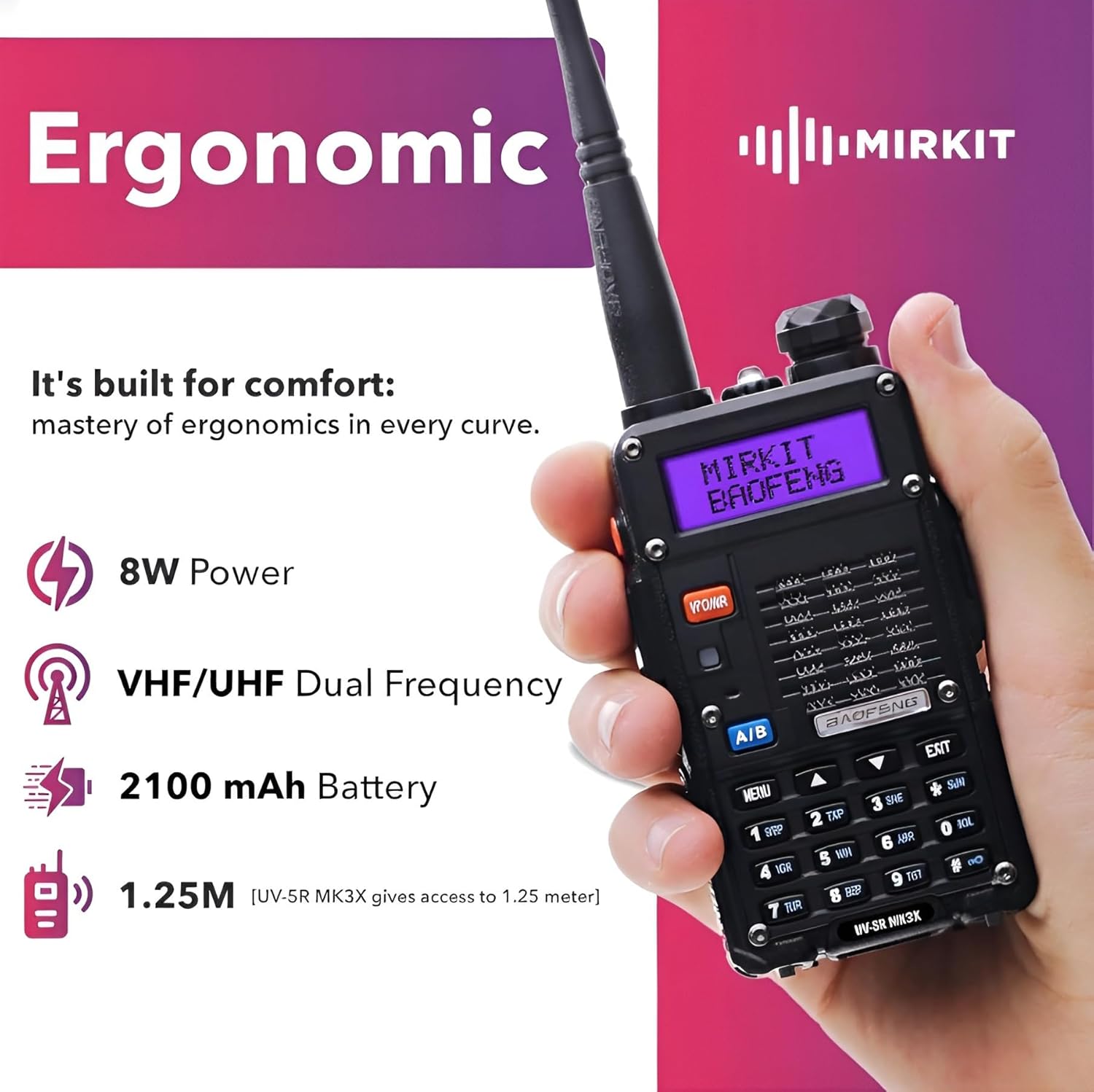 Mirkit Baofeng Radio UV-5R MK3X Legal Power Tri-Band Radio 2026 VHF/UHF 144-148/222-225/420-450 MHz - Walkie Talkie with 2100mAh Li-ion Baofeng Battery, Neck Strap Lanyard Mirkit Ham Radio Operator