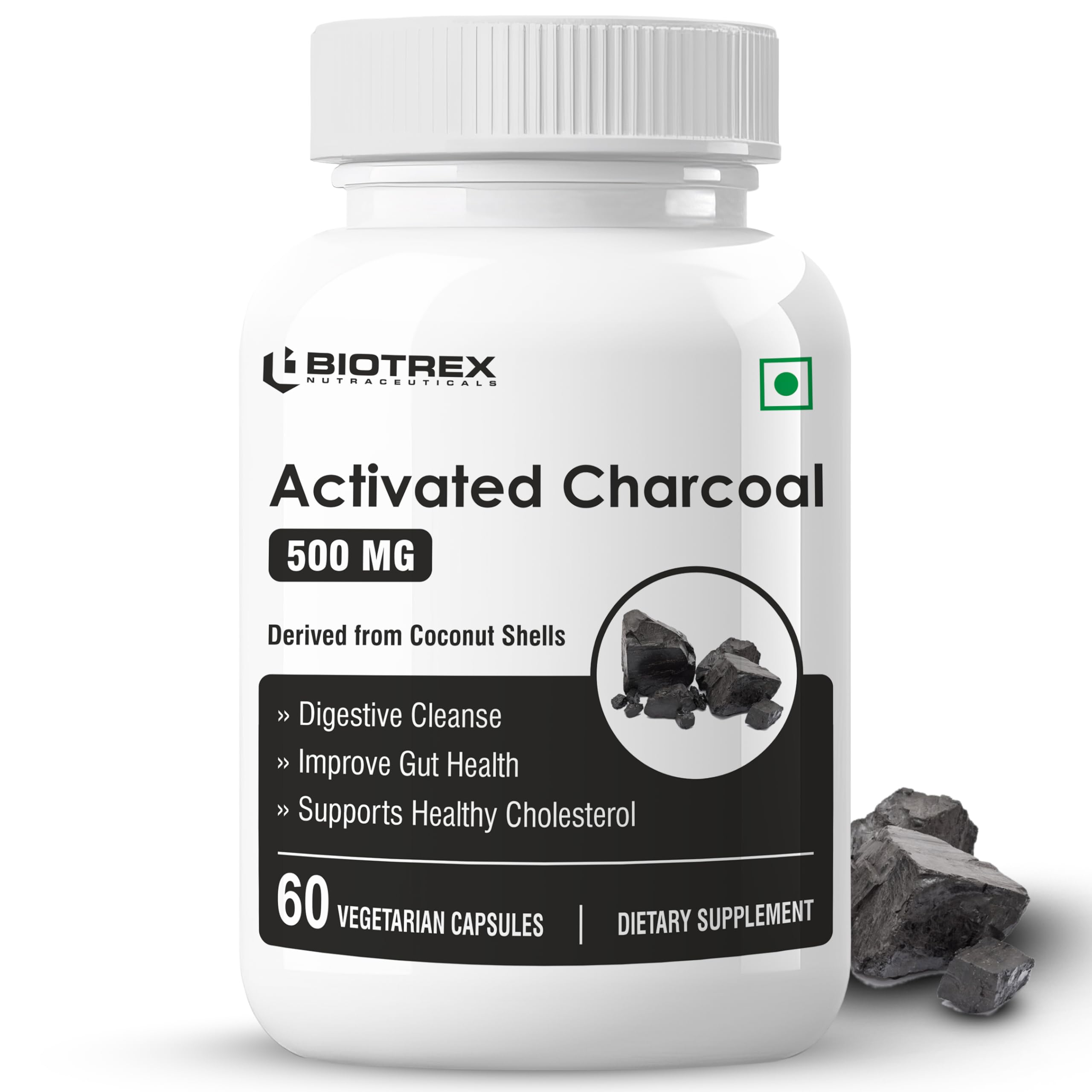 Biotrex Nutraceuticals Activated Charcoal 500mg | Sourced From Coconut Shells | Gas & Bloating Relief | Supports Digestive Health & Gut Detox | 100% Natural | 60 Veg Capsules