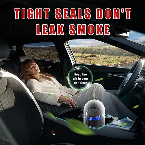 Miniatura 4 de Dickno Cenicero de automóvil con tapa, cenicero desmontable inoxidable sin humo, mini bote de basura portátil para vehículo con luz LED azul,